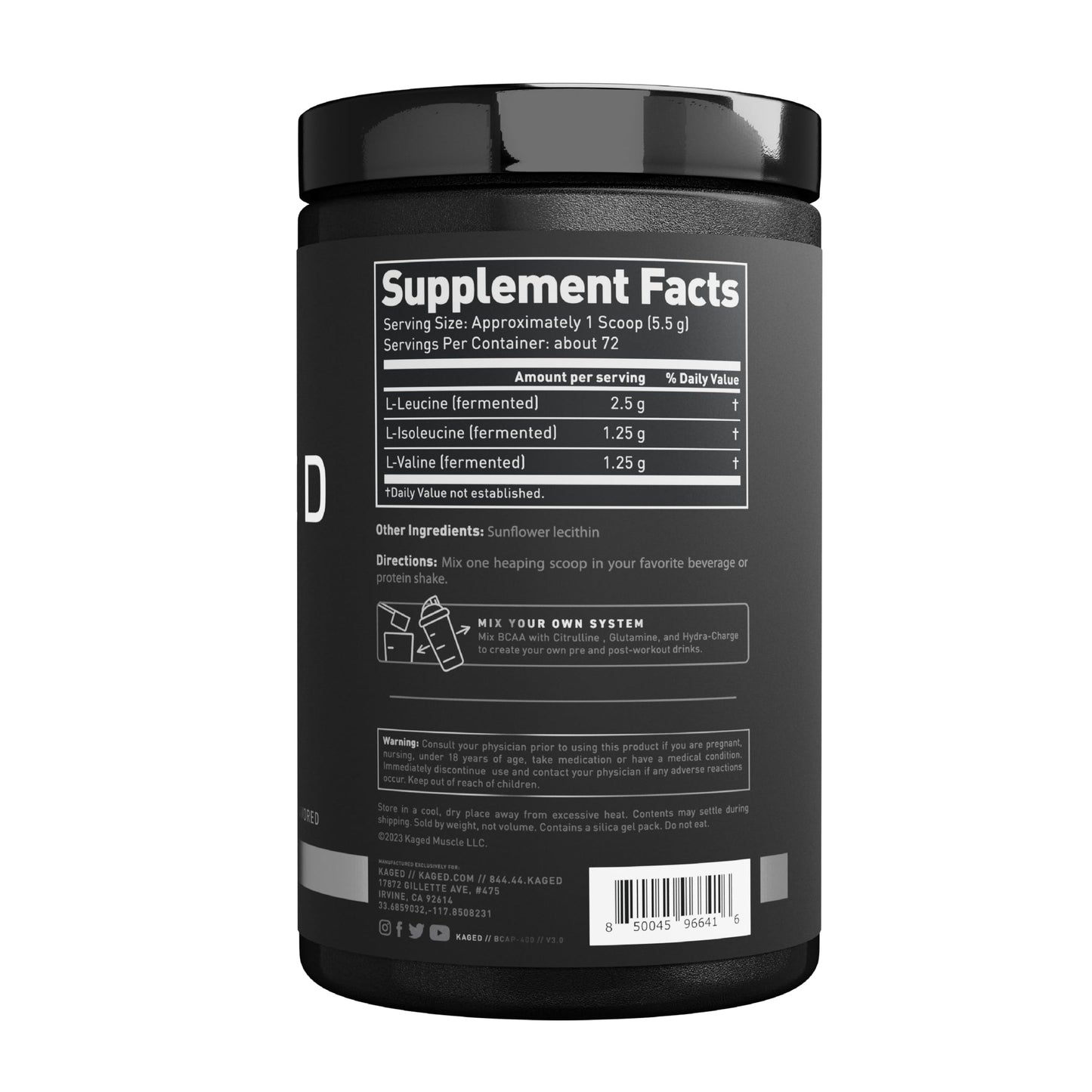 BCAA Powder โ Kaged BCAAs, Fermented, Plant-Based, 5g Unflavored, 72 Servings