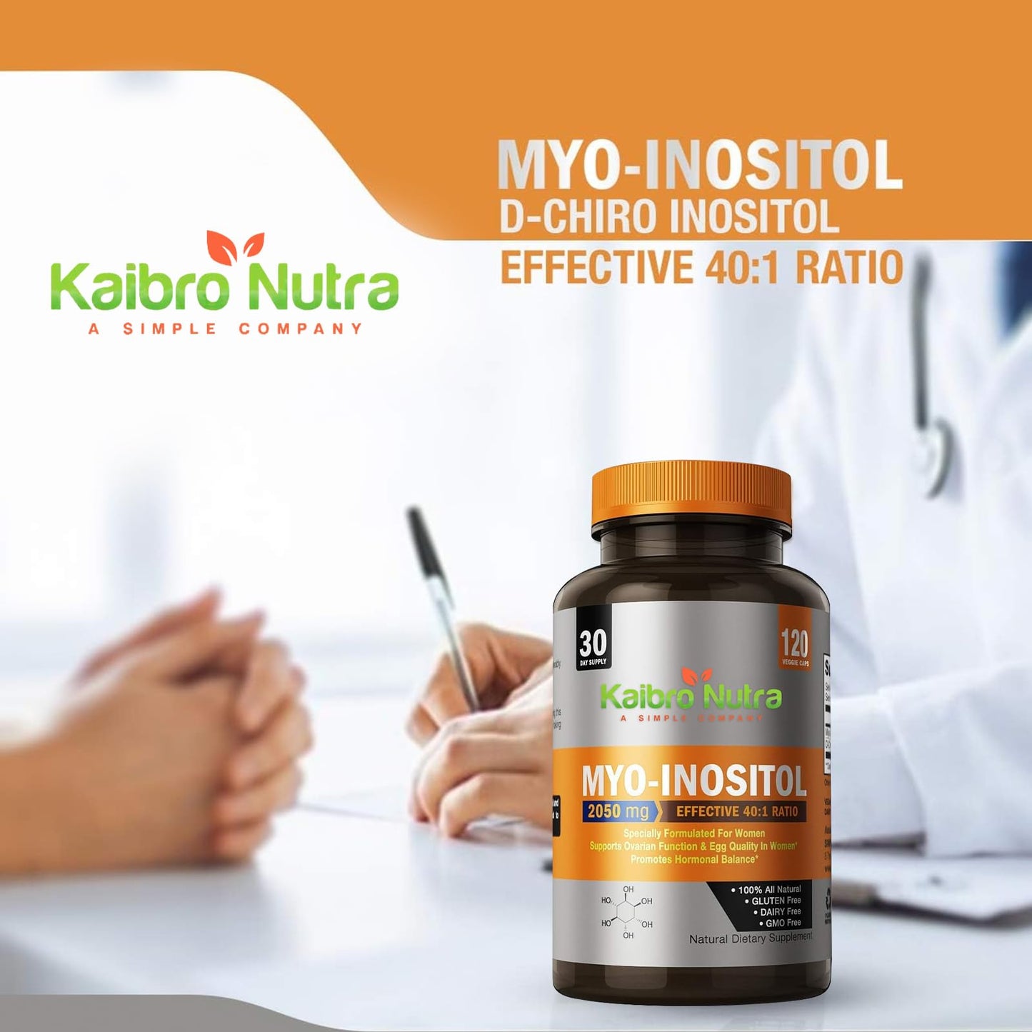 Kaibro Nutra Myo-Inositol 40:1 โ Hormone Balance & Ovarian Support (120 Caps x 2, Vegan, Non-GMO)