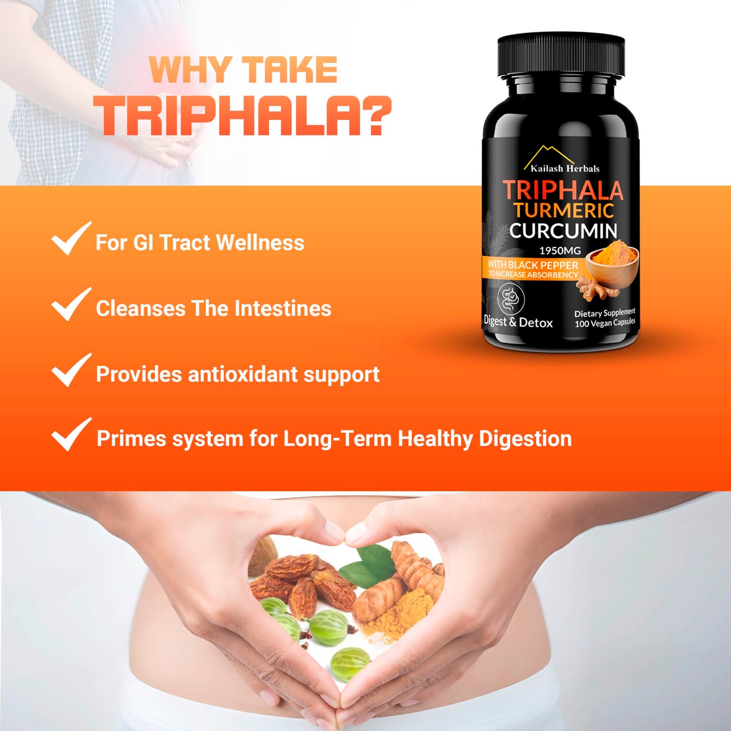 Kailash Herbals Triphala Turmeric Curcumin 1950mg โ 100 Vegan Capsules | Digestive Health