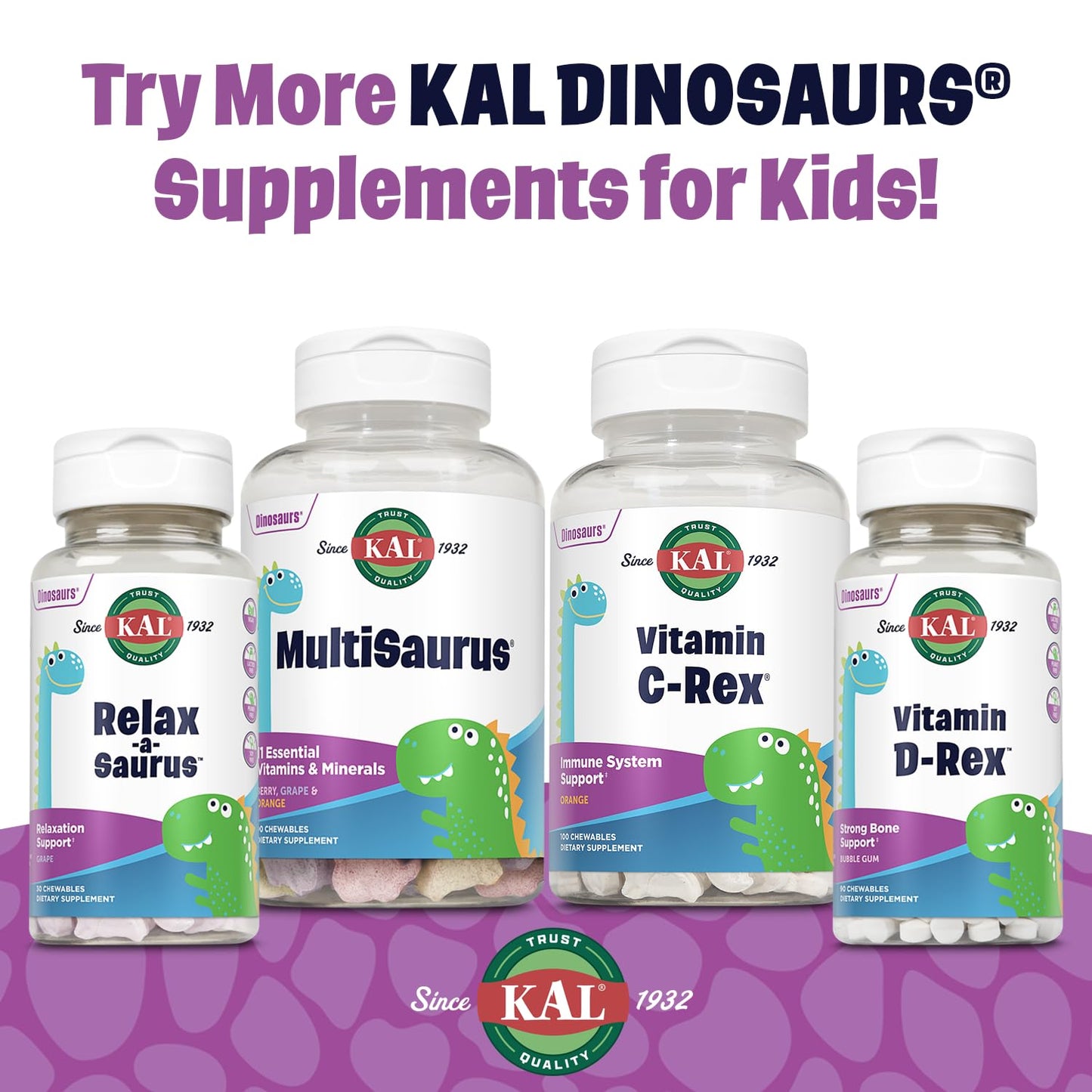 KAL Relax-a-Saurus: Stress Support for Kids โ L-Theanine, Herbal Calm, Grape Flavor, 30 Chewables