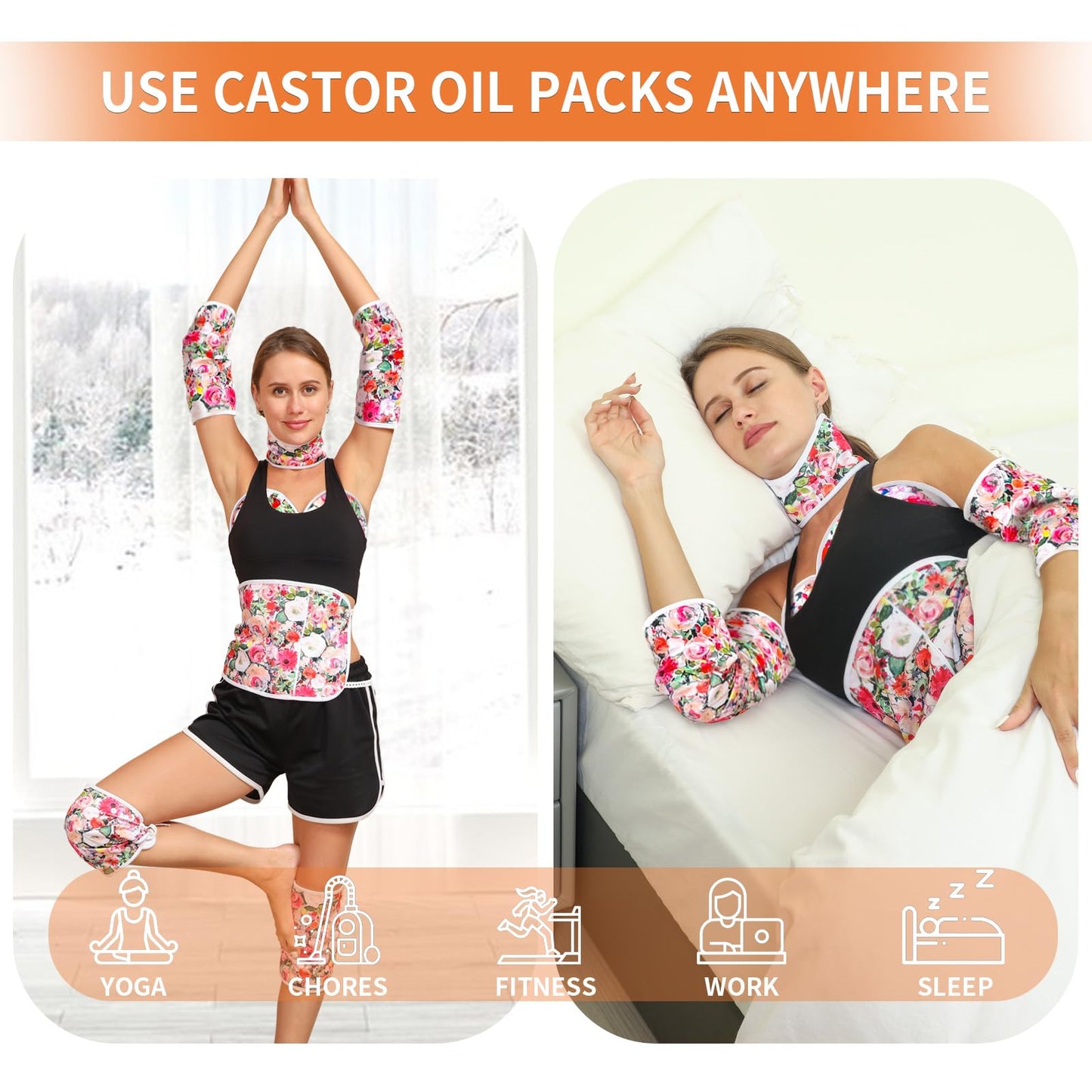 KANAV 8 Piece Castor Oil Pack Wrap Set โ Organic Cotton Lined Reusable Compress Packs for Liver Detox, Insomnia & Inflammation