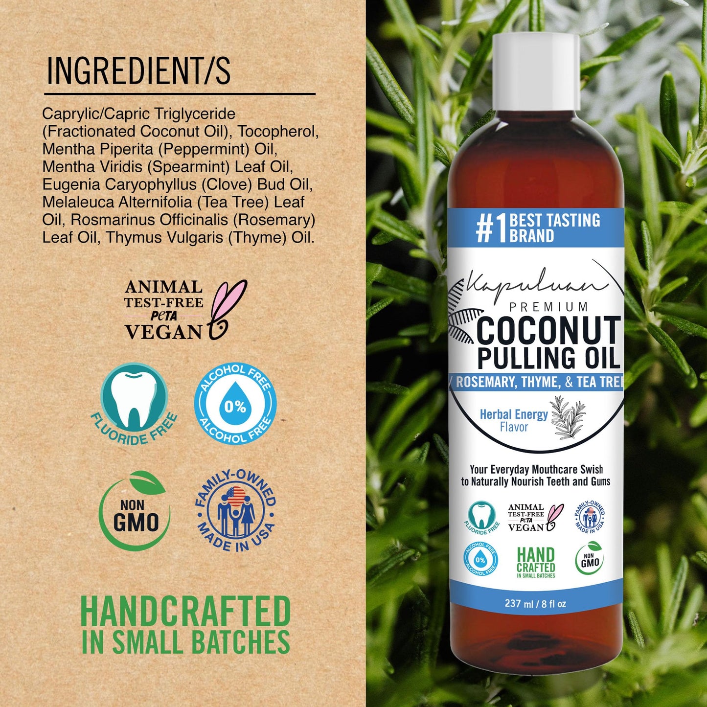 Kapuluan Coconut Oil Pulling for Teeth & Gums โ Pure Ayurvedic Mouthwash with Rosemary, Thyme & Tea Tree