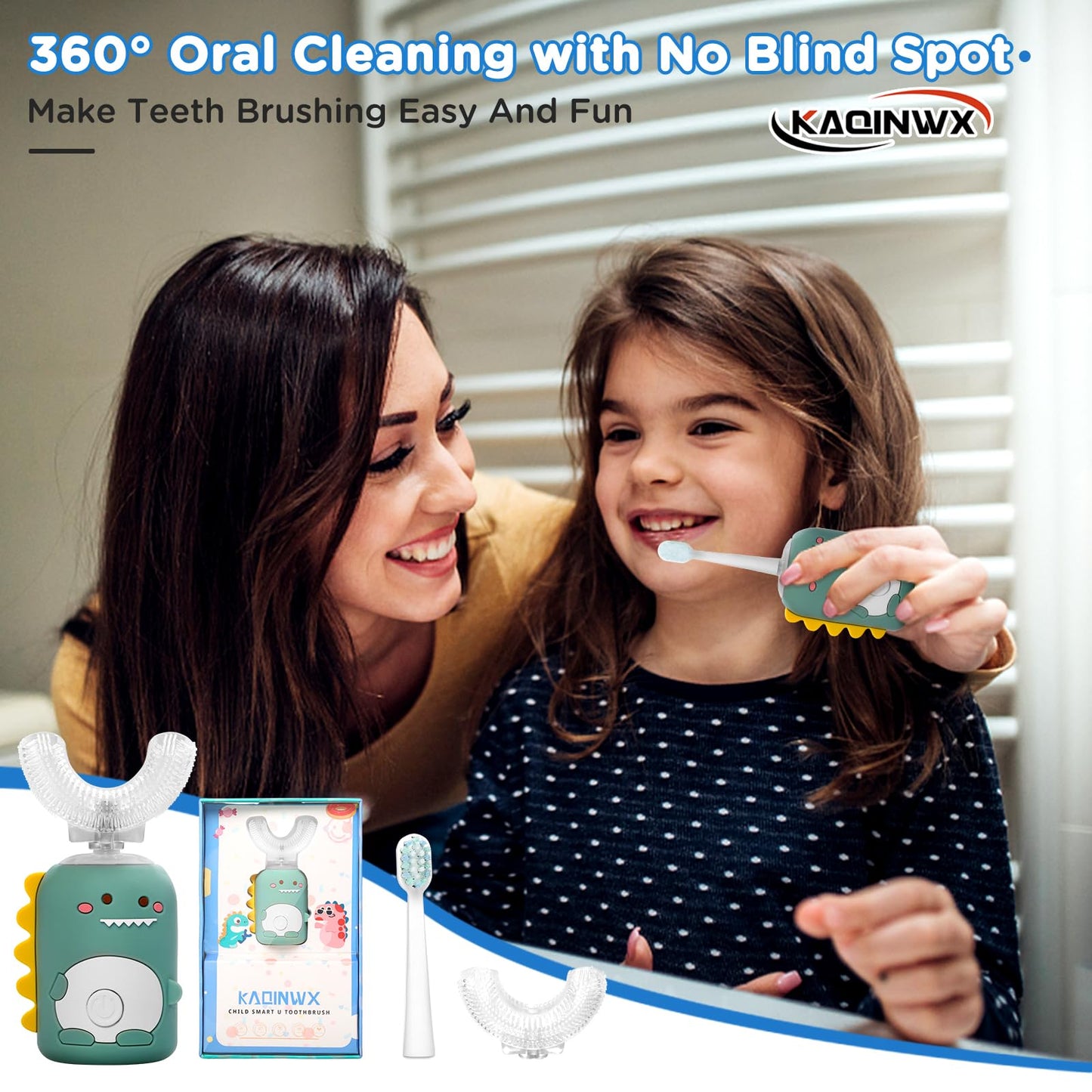 KAQINWX Kids U-Shaped Electric Toothbrush - 2-12 Years, 3 Modes, Dino Design