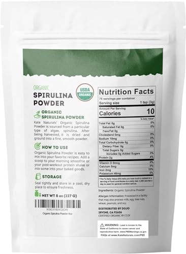 Kate Naturals Organic Spirulina Powder โ Immune Support & Antioxidants, 8 oz, USDA Organic, Non-GMO, Gluten-Free