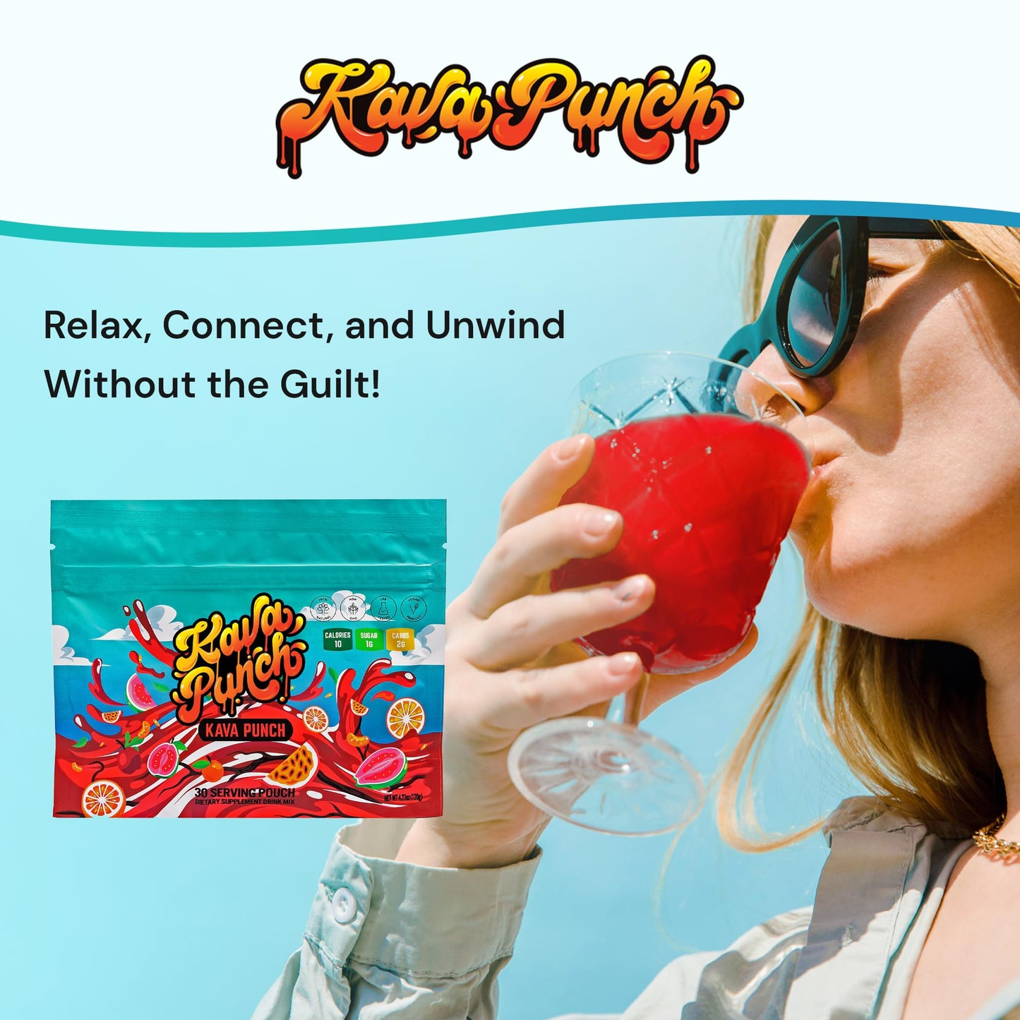 KAVA PUNCH Relaxation Powder β 30 Servings, Premium Kava Kava Extract, Non-Alcoholic Drink Mix