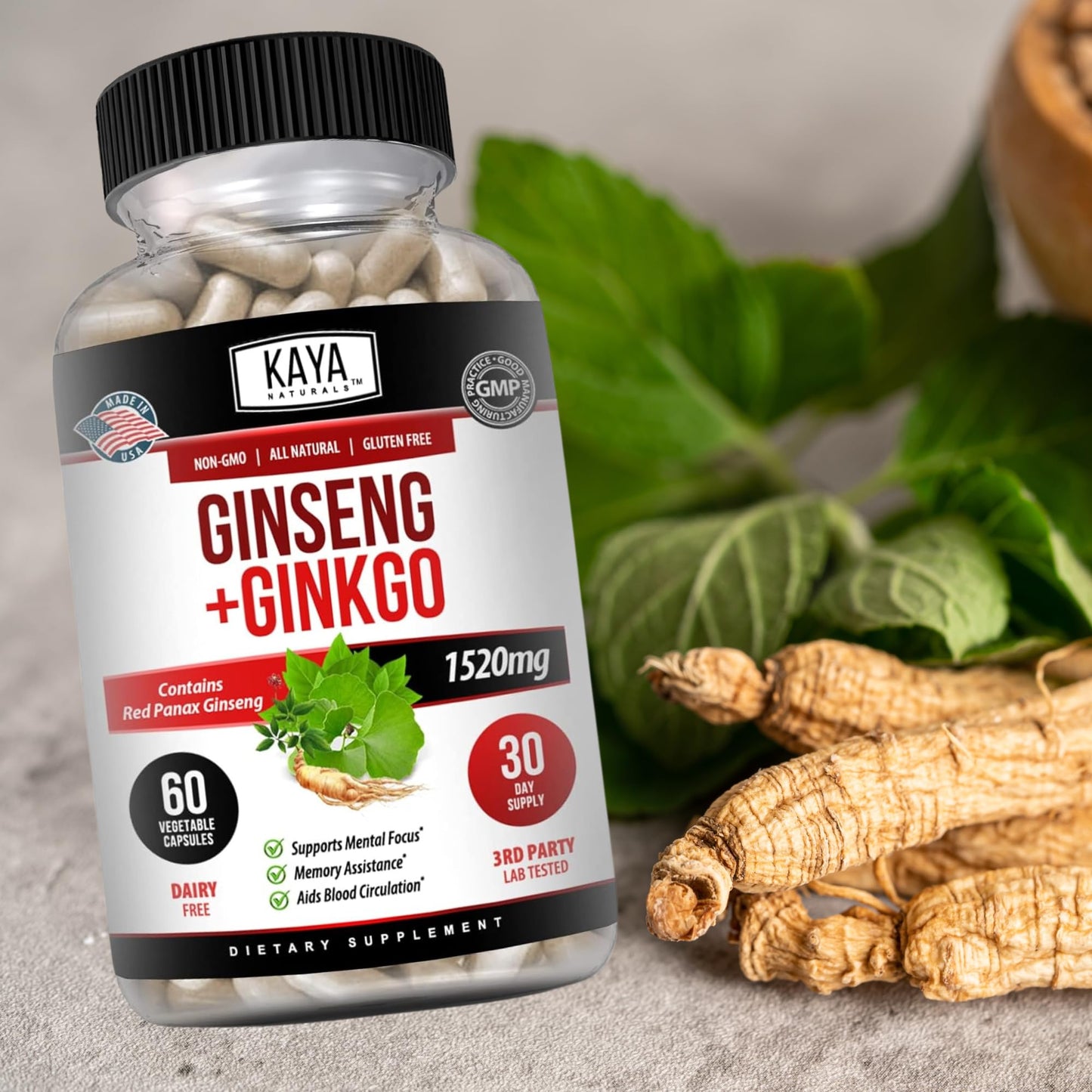 Kaya Naturals Red Panax Ginseng + Ginkgo Biloba โ Nootropic Brain Support (2x60)