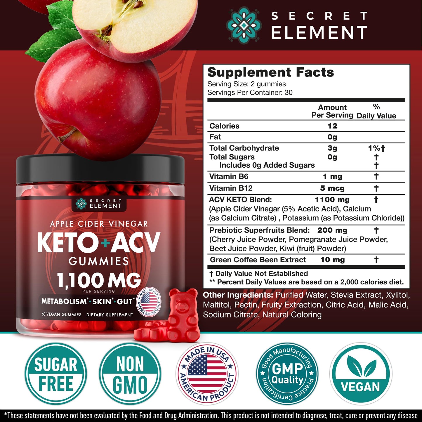 Keto ACV Gummies 1100mg Cherry โ Sugar Free, Vegan, Non-GMO | 60 Gummies