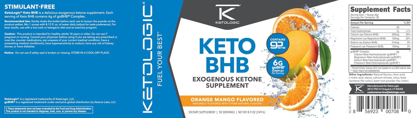 Ketologic Keto BHB Orange Mango โ 30 Servings | Exogenous Ketone Supplement with goBHB