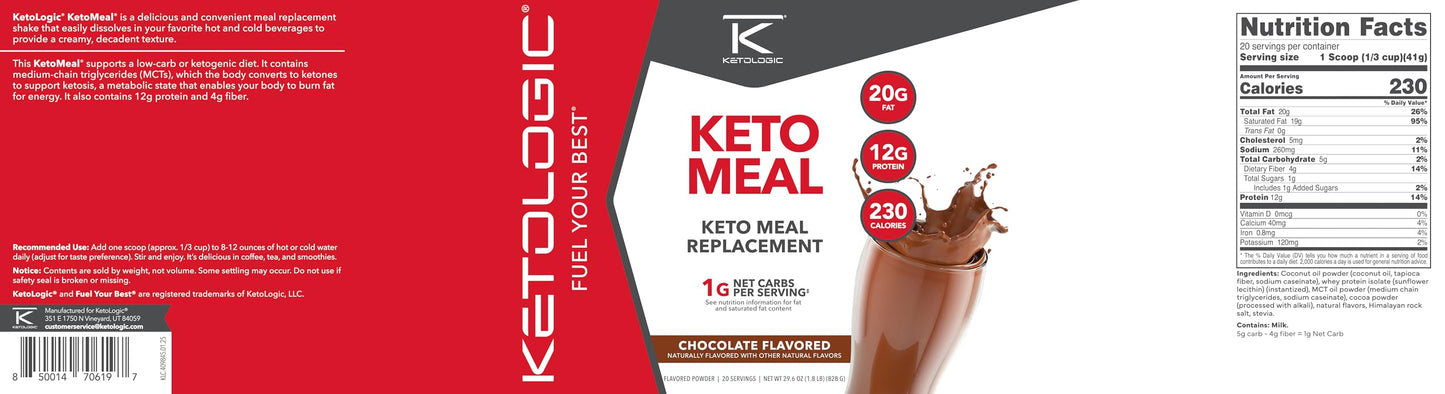 KetoLogic KetoMeal Shake with MCT Oil โ 70:30 Ketogenic Macros, 20 Servings, Chocolate