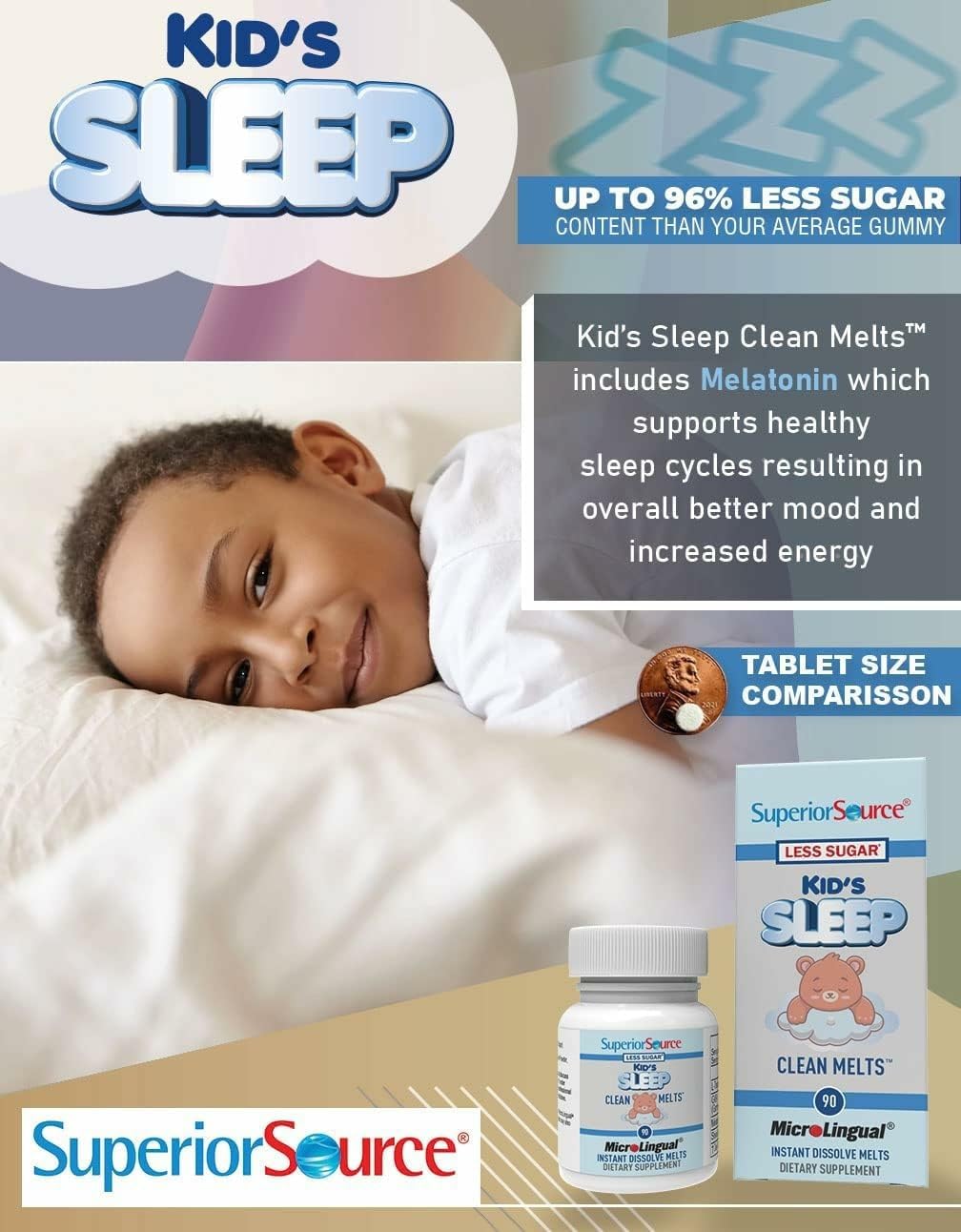 Superior Source Kid's Sleep Clean Melts โ 1 mg Melatonin, 5 mg GABA & 5 mg L-Theanine (Less Sugar)
