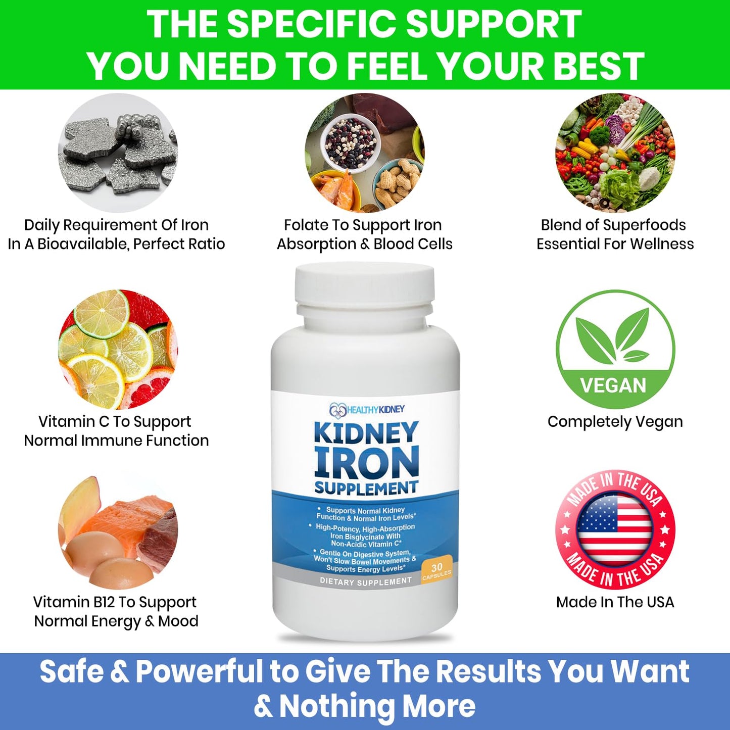 Kidney Iron Supplement Pills for Kidney Health โ High-Absorption Iron Bis-Glycinate (30 Capsules)