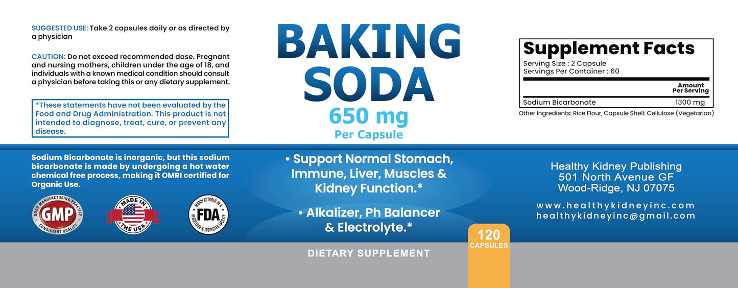 Kidney Restore Natural Baking Soda Capsules 650 mg โ Aluminum-Free Sodium Bicarbonate