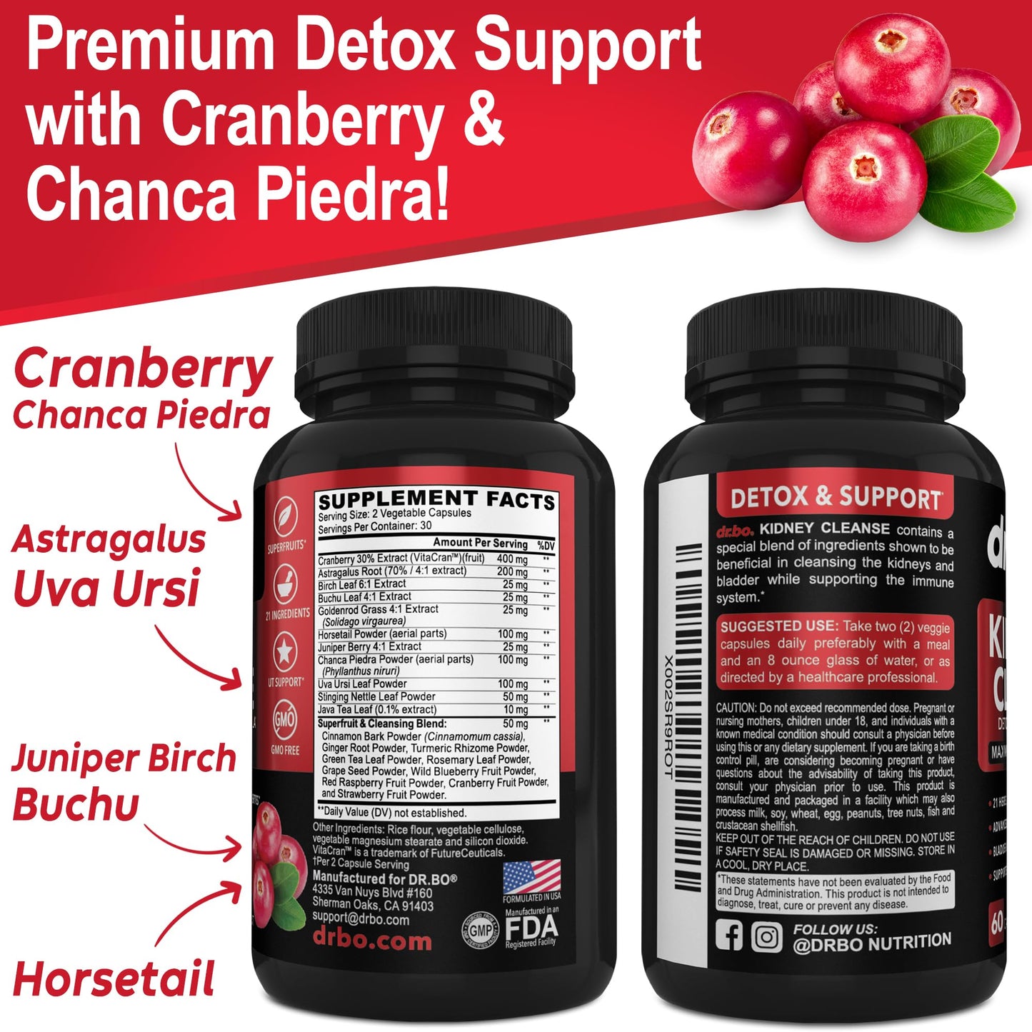 Kidney Cleanse Detox Support Supplement โ Cranberry, Juniper Berries, Buchu & Uva Ursi for Kidney & Urinary Tract Health