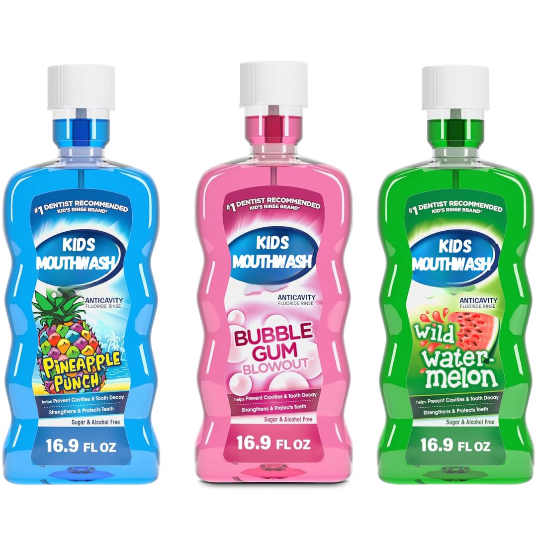 Kids Anticavity Fluoride Mouthwash Variety Pack โ Sugar & Alcohol Free (Bubble Gum, Pineapple, Watermelon) 16.9 oz x3