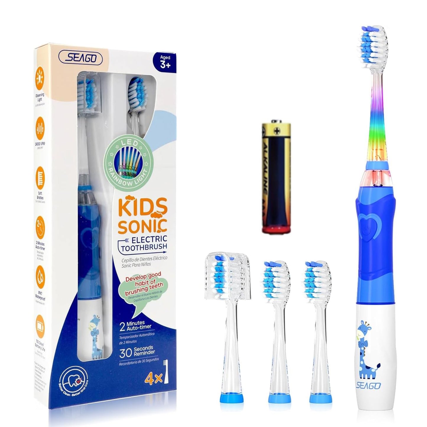 Kids Electric Toothbrush for Ages 4-12 โ 2-Min Timer, 24,000 VPM, LED Lights, 4 Replacement Heads (Blue)