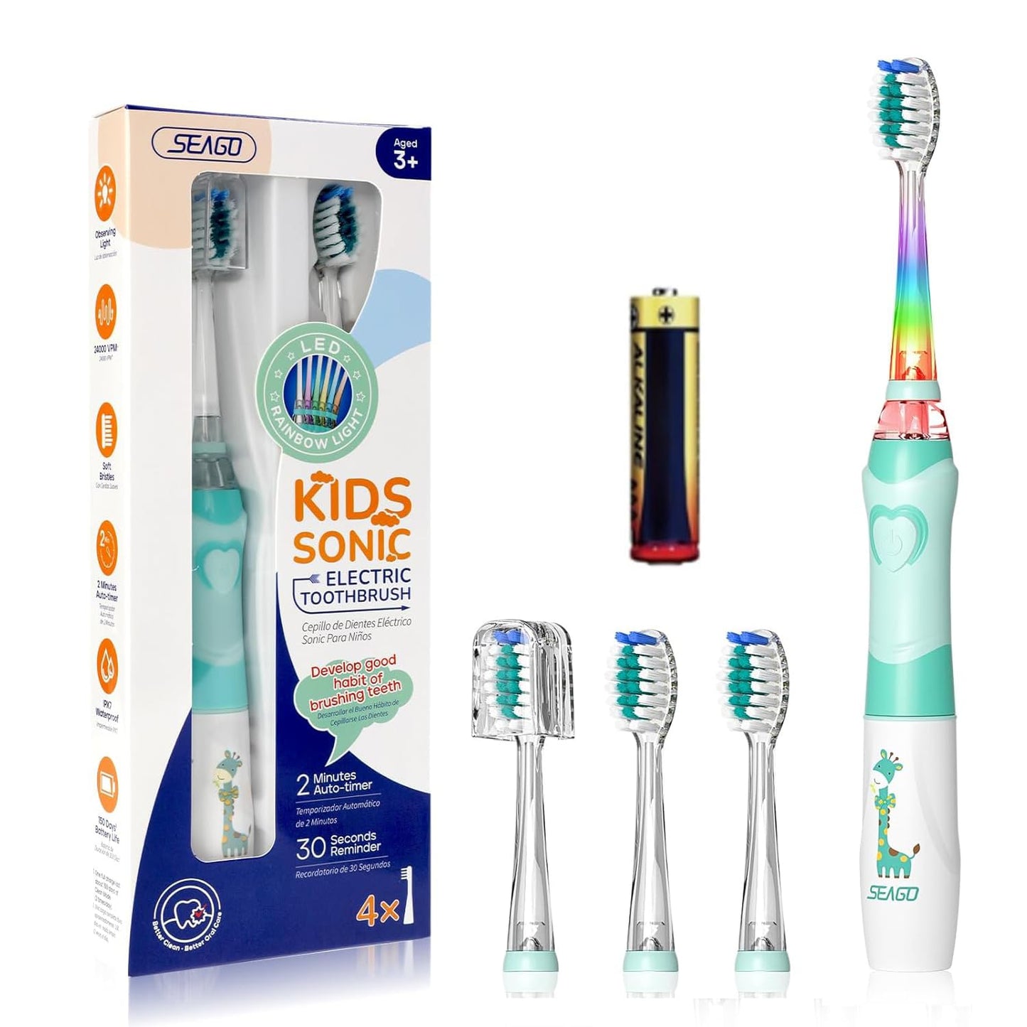 Kids Electric Toothbrush with 2-Minute Timer, 30-Second Reminder, 24,000 Vibrations โ Includes 4 Replacement Brush Heads, Green
