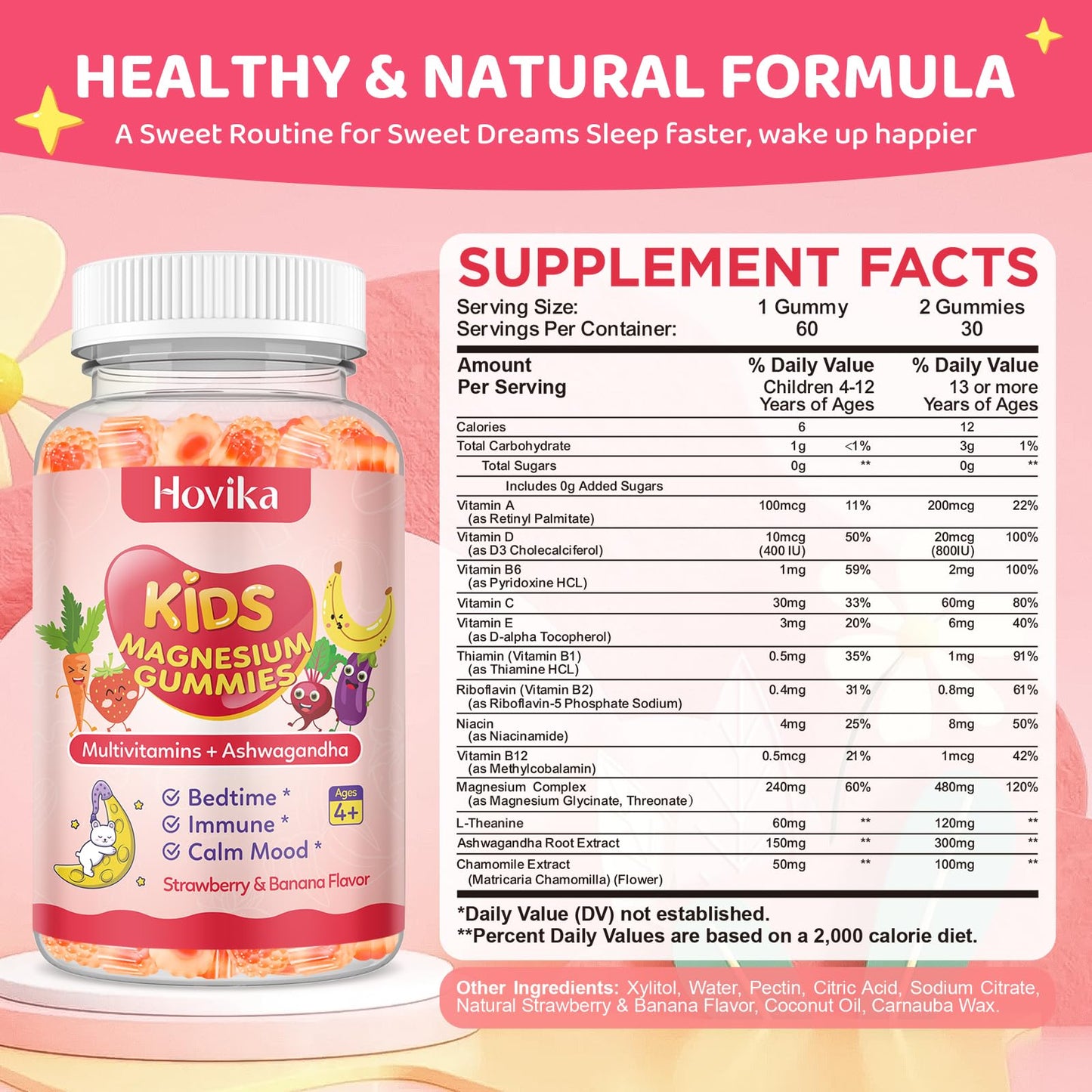 Kids Magnesium Gummies with L-Theanine & Multivitamins โ Sleep, Calm & Focus (Strawberry Banana)