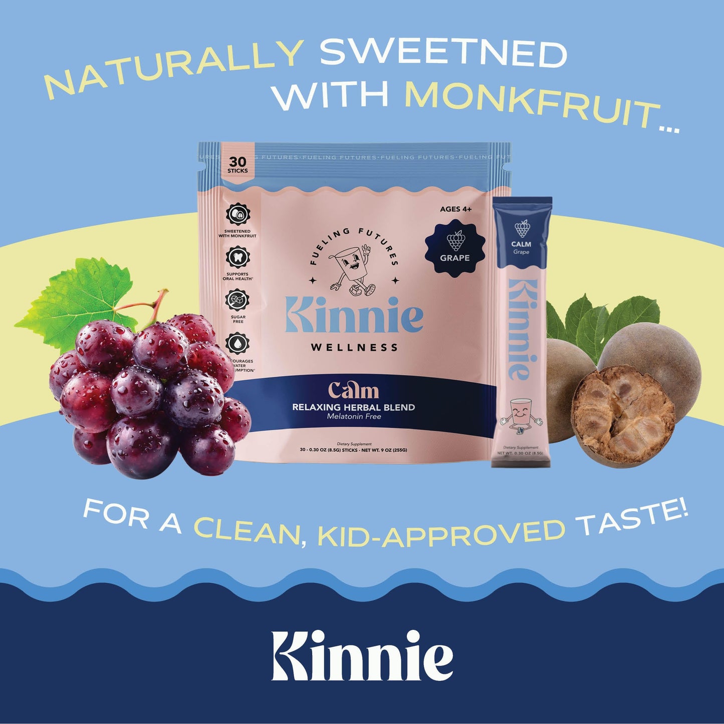 Kinnie Calm Drink Mix for Kids โ Grape, Sugar-Free & Melatonin-Free (30 Sticks)
