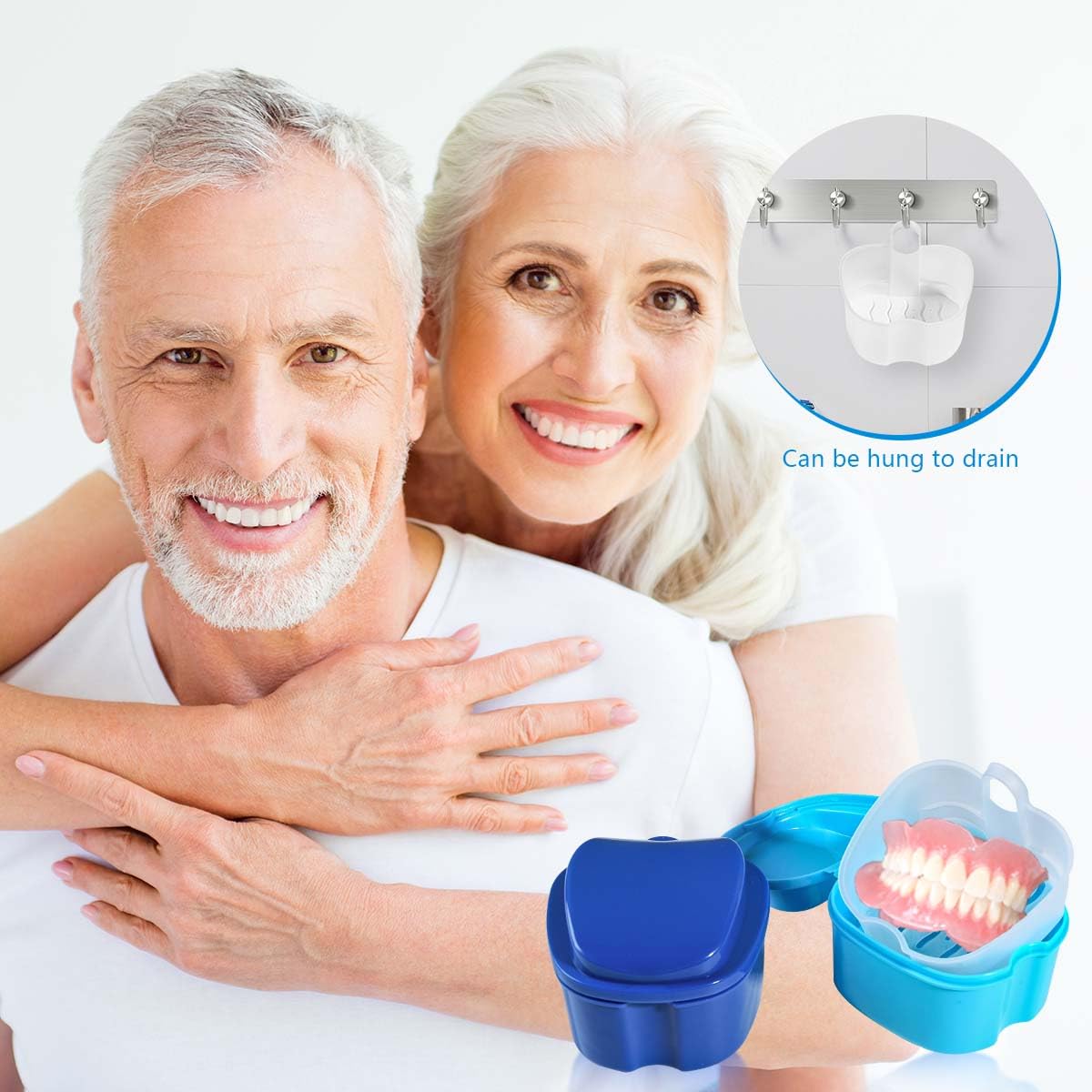 KISEER 2-Pack Denture Bath Case & Brush โ Travel Storage (Blue & Light Blue)
