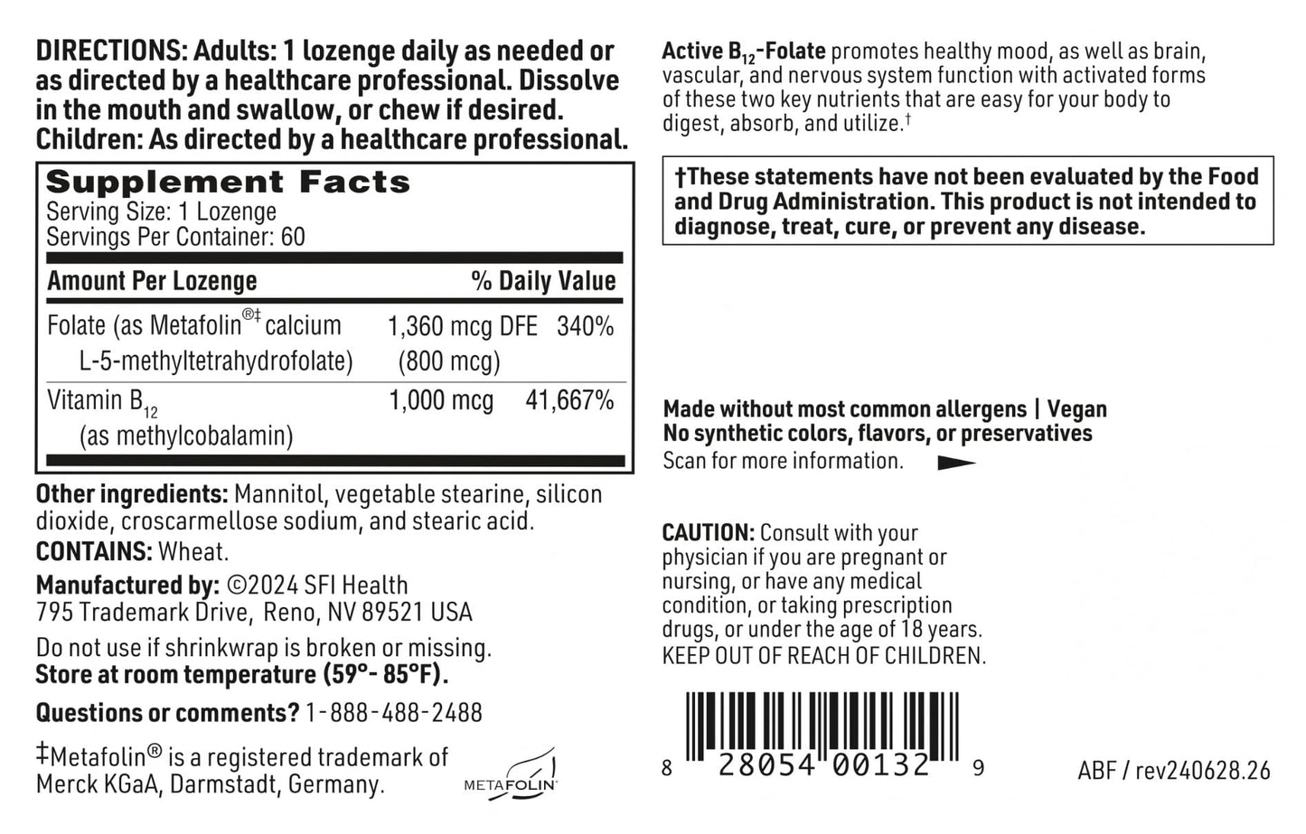 Klaire Labs SFI Health Active B12 + Folate Lozenge (60 Count) – Dissolvable Methylcobalamin & Methylfolate