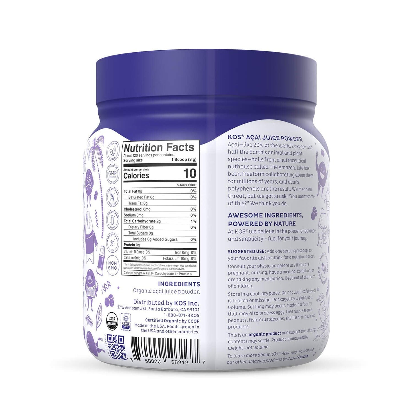 KOS Organic Acai Juice Powder โ USDA Organic, Plant Based Superfood Antioxidants, 120 Servings