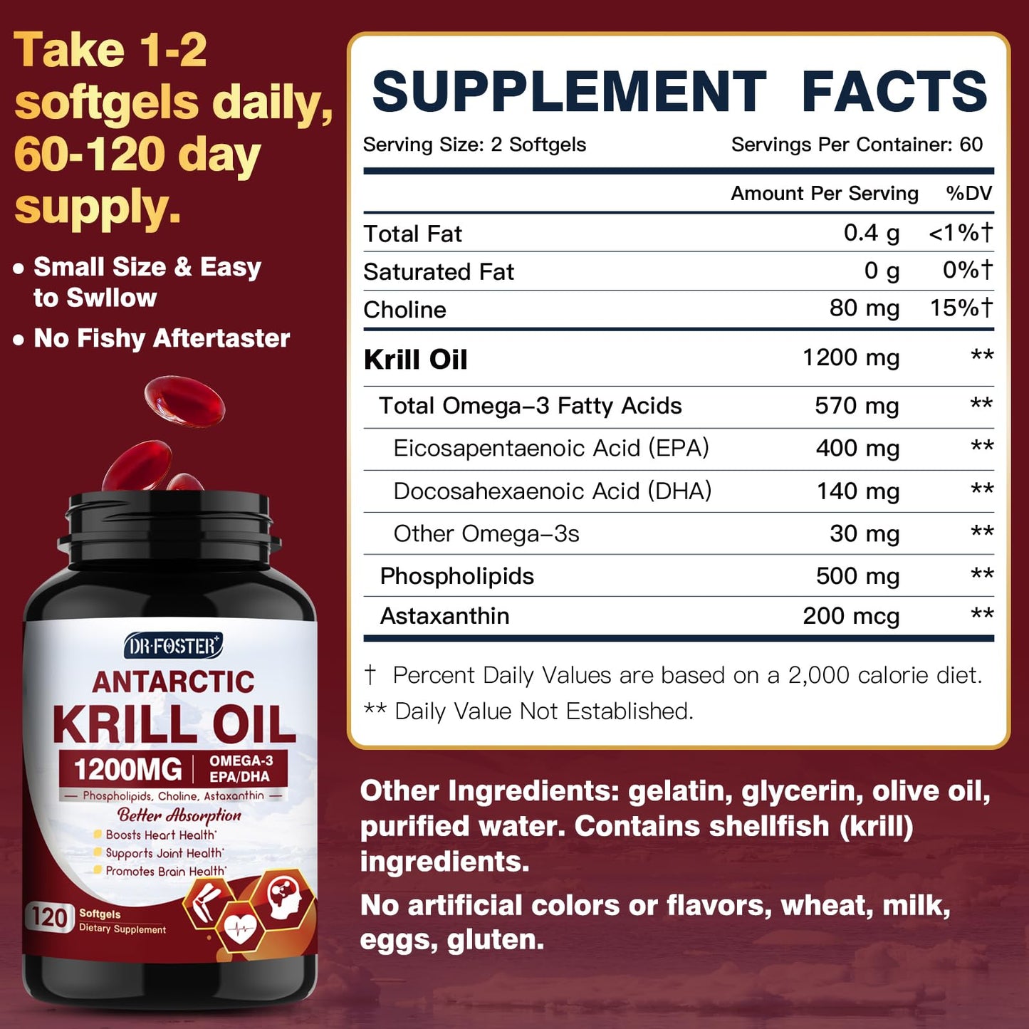 Krill Oil 1200mg โ Antarctic Krill Oil Omega-3 with EPA/DHA, Astaxanthin, Phospholipids | 120 Softgels