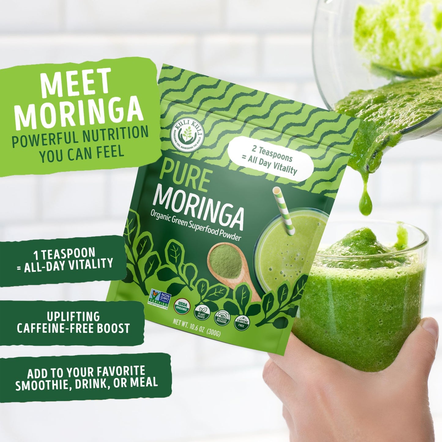 Kuli Kuli Moringa Oleifera Organic Powder โ Pure, USDA Certified, Non-GMO Moringa for Smoothies, Tea & Food (10.6 oz)