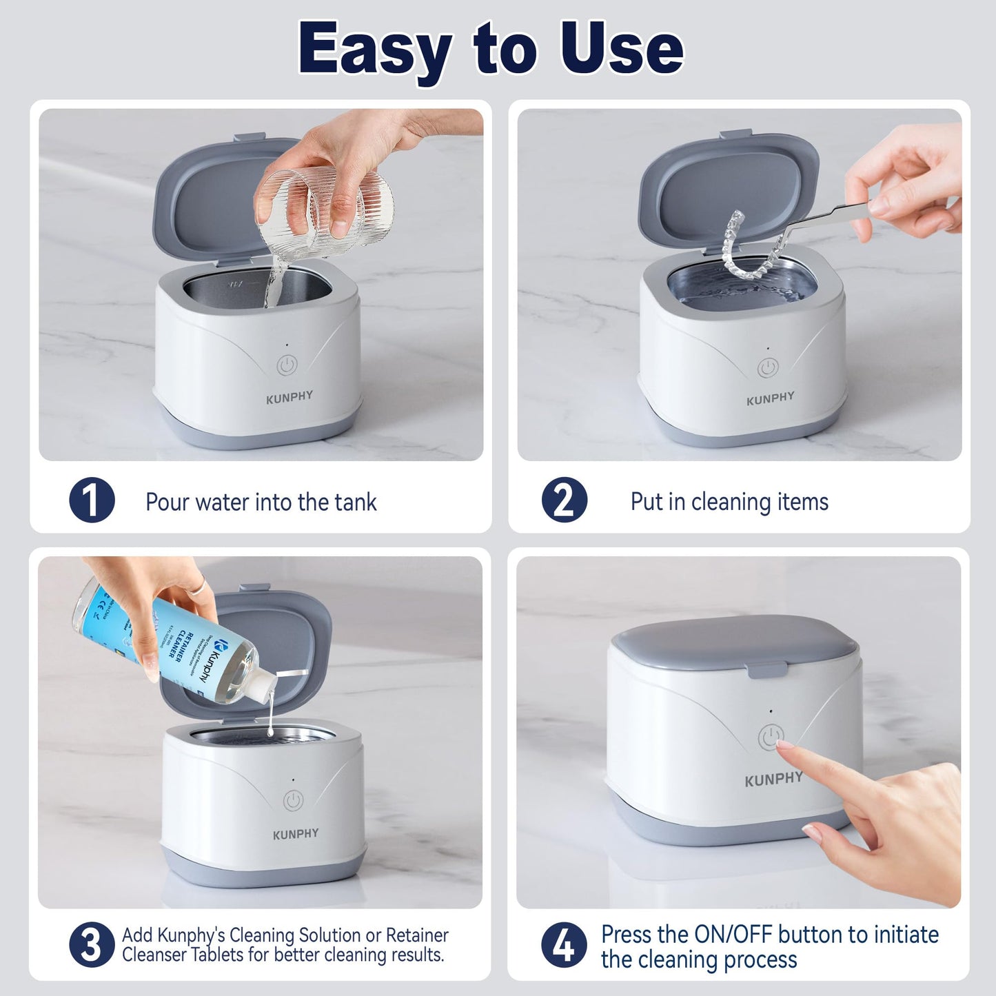 KUNPHY 46kHz Ultrasonic Retainer Cleaner โ 7.5 oz for Dentures, Braces & Aligners (White)