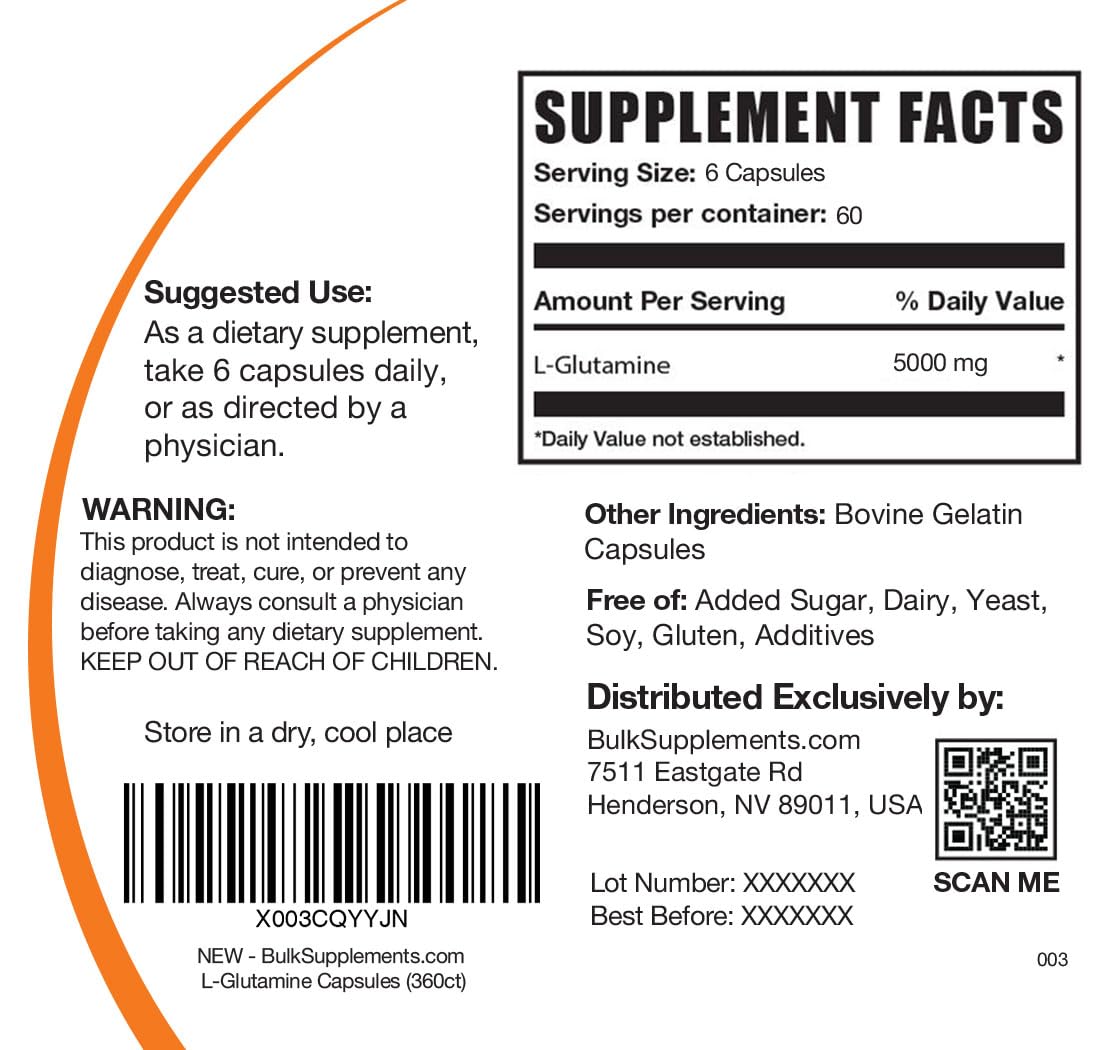 BulkSupplements L-Glutamine Capsules 5000mg โ 360 Count, Gluten Free