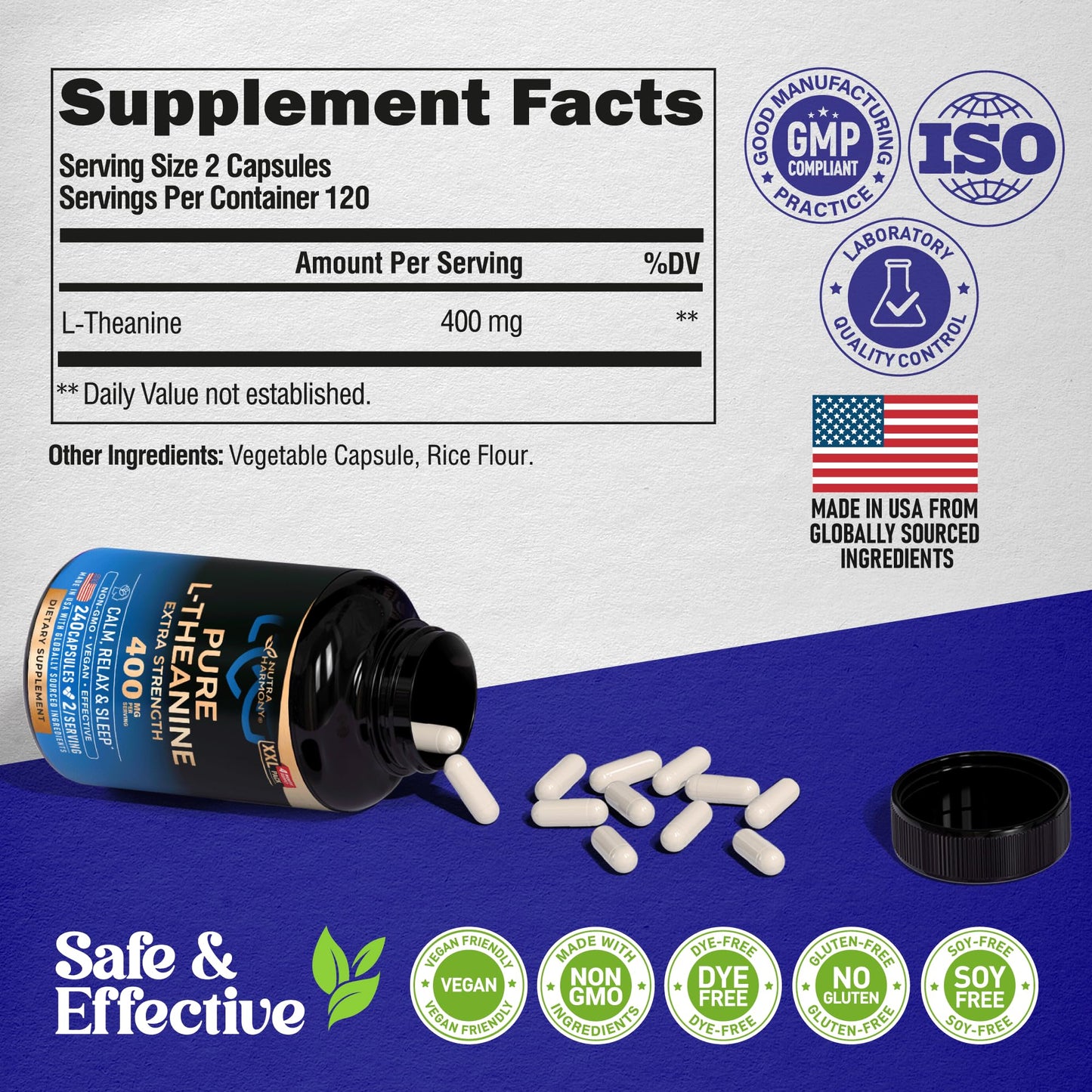 L Theanine 400 mg โ Stress Relief, Relaxation & Sleep Support | Made in USA | 240 Vegan Capsules