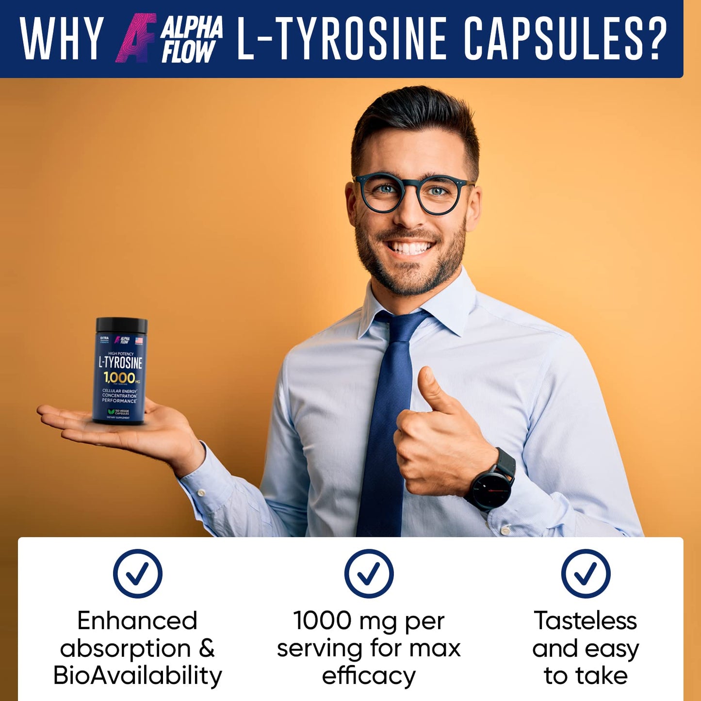 L Tyrosine 1000MG Capsules โ Focus & Energy Boost | Non-GMO, Gluten-Free, Vegan, 150 Caps