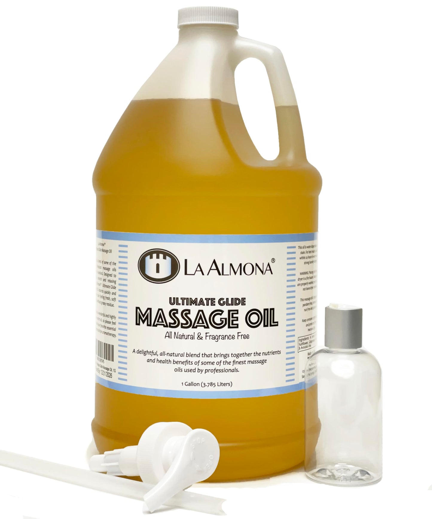 La Almona Ultimate Glide Massage Oil โ 1 Gallon with Dispensing Pump & 4oz Bottle