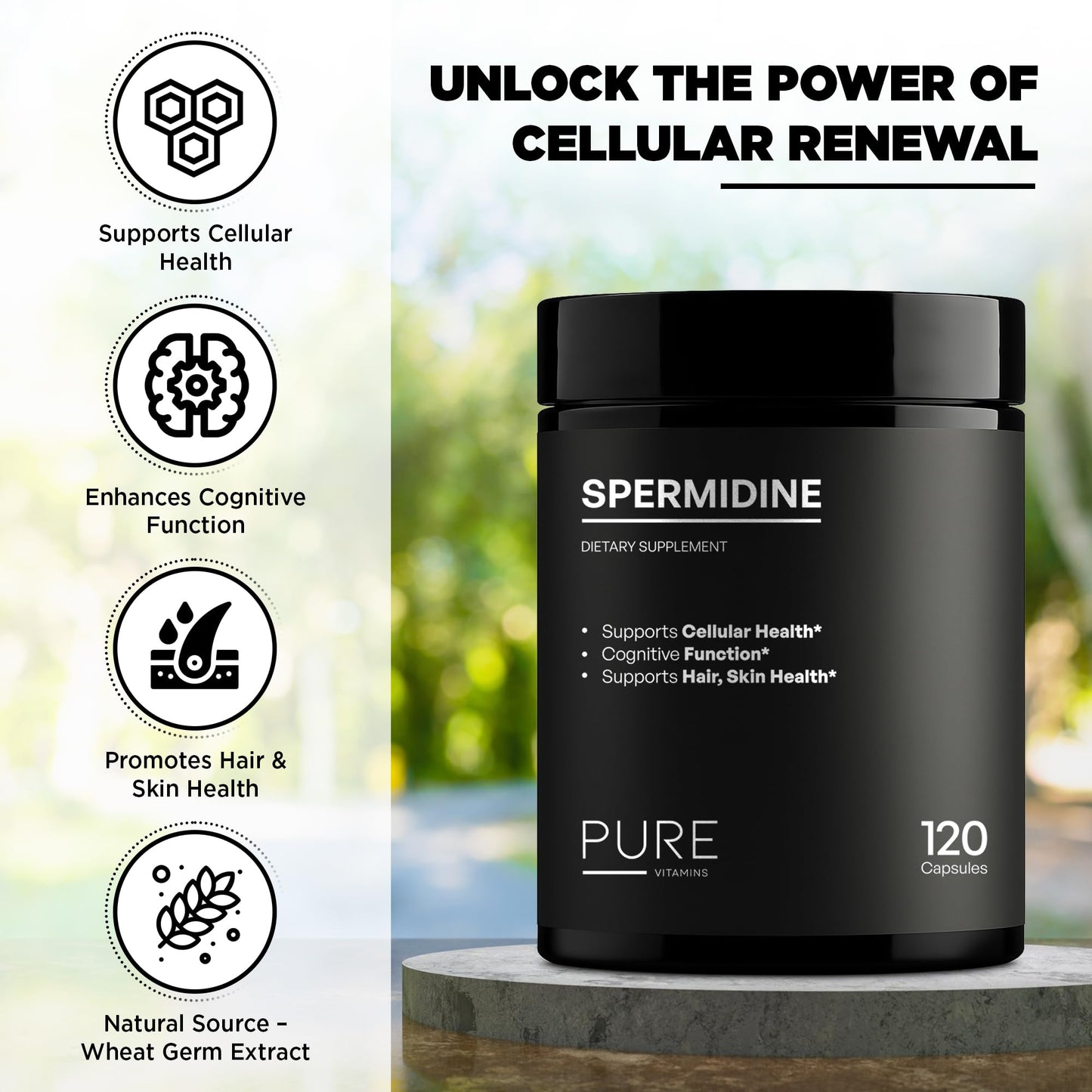 Spermidine Supplement 1000mg โ 120 Capsules | Wheat Germ Extract | Cellular Renewal & Cognitive Support | Vegan, Non-GMO, Gluten-Free | Made in USA