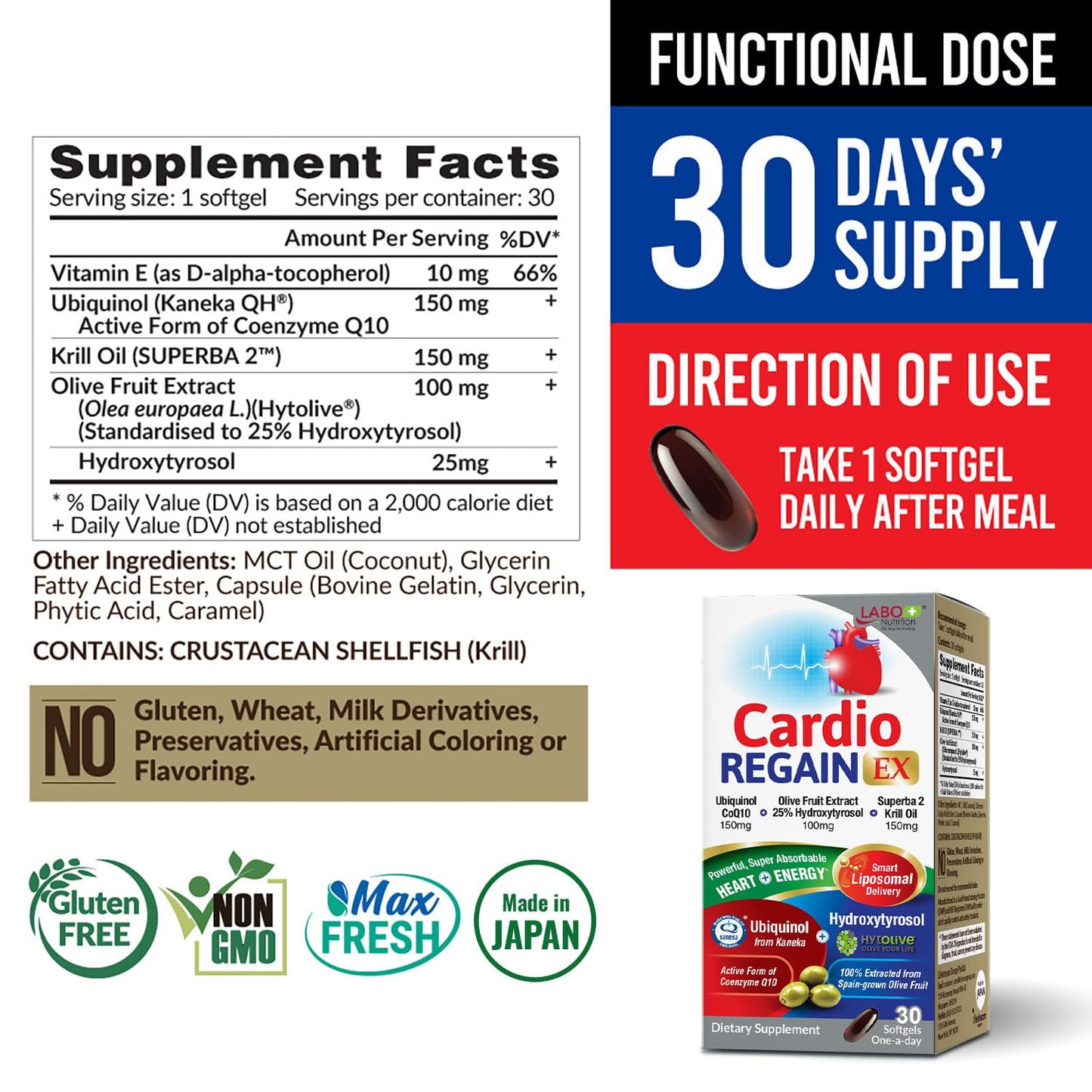 LABO Nutrition CardioREGAIN EX โ Ubiquinol CoQ10 150mg, Olive Fruit Extract & Krill Oil for Heart Health | Non-GMO, Soy-Free