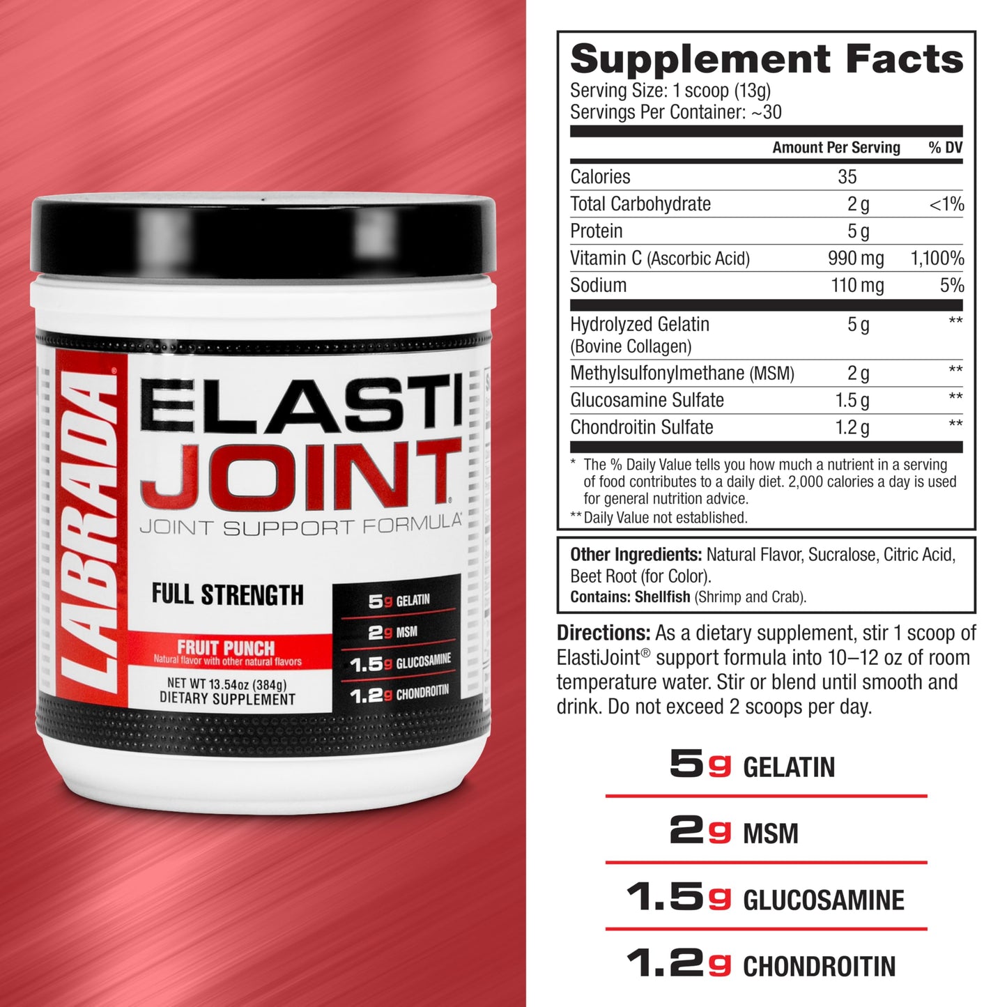 Labrada Elastijoint Fruit Punch โ Glucosamine Joint Support Powder (Gluten-Free)