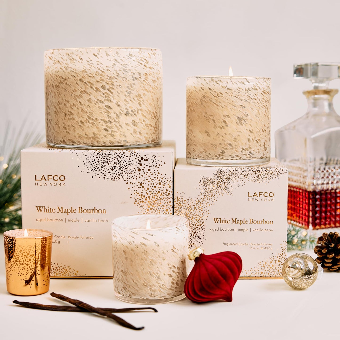 LAFCO New York Holiday Signature Candle โ White Maple Bourbon (15.5 oz, 90-Hour Burn) | Reusable Hand-Blown Glass Vessel | Made in USA