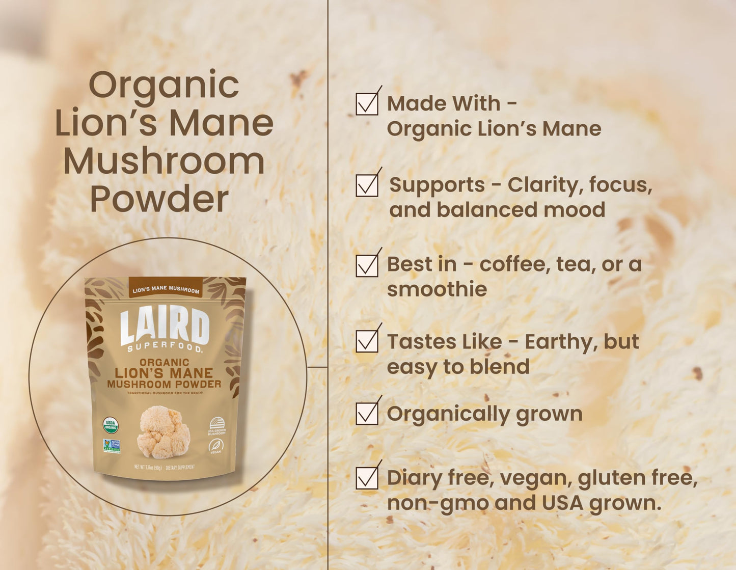 Laird Superfood Organic Lion's Mane Mushroom Powder โ Cognitive Function & Immune Support, 3.17 oz Bag