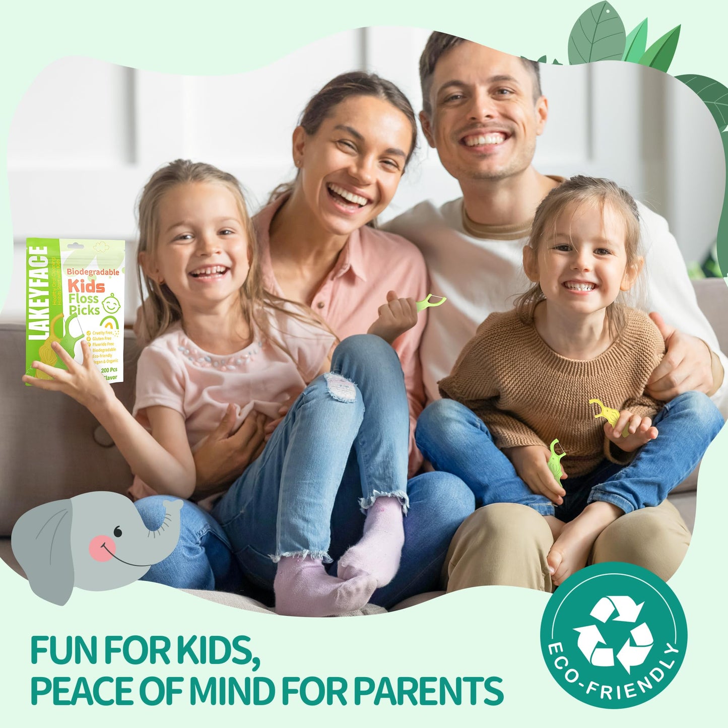 Lakeyface Biodegradable Kids Flossers โ Elephant Design, Mint, BPA Free, Pack of 4