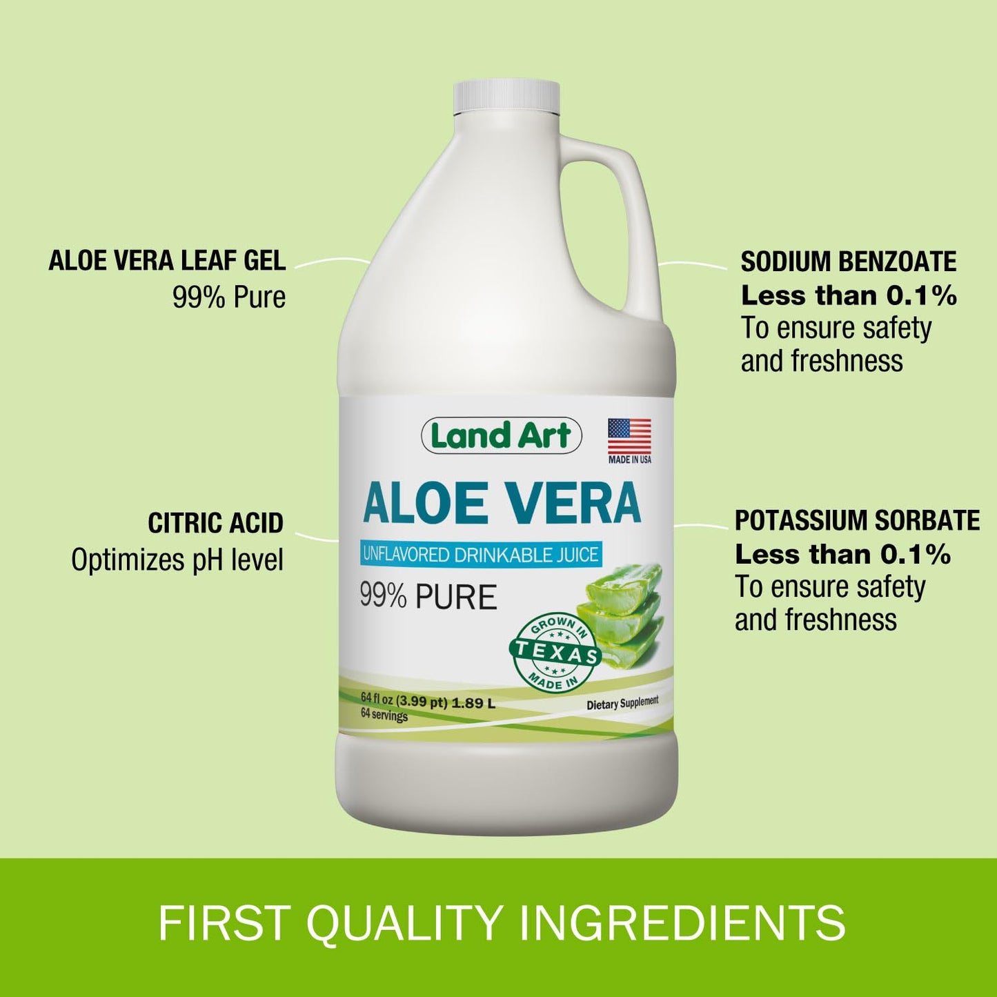 Land Art Pure Aloe Vera Juice Unflavored โ 99.7% Organic, Cold-Processed, 64 oz Pack of 2
