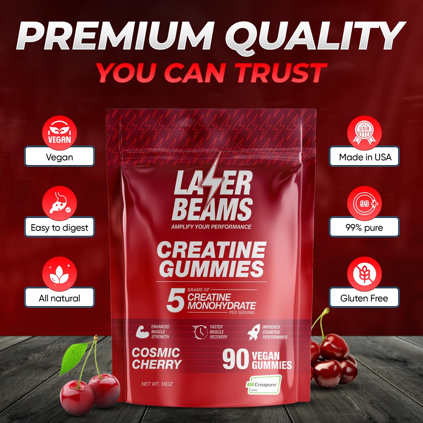 Laser Beams Creatine Monohydrate Gummies โ 5g Creapure per Serving, Vegan & Gluten-Free (Strawberry)