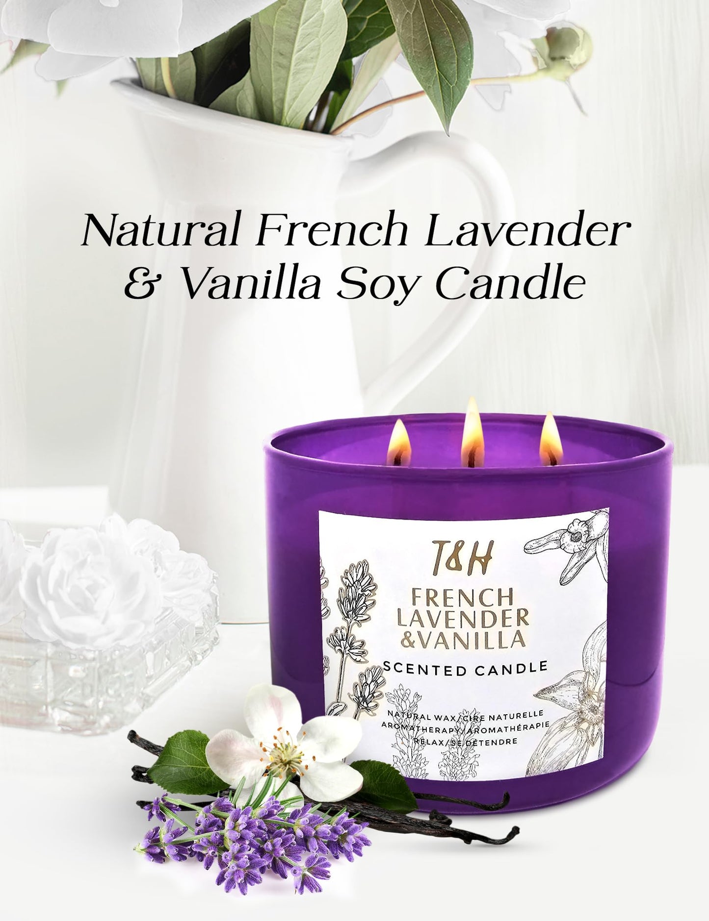 Lavender Vanilla Aromatherapy Candle โ 3 Wick Soy, 15.8 oz | Relaxing Home Fragrance