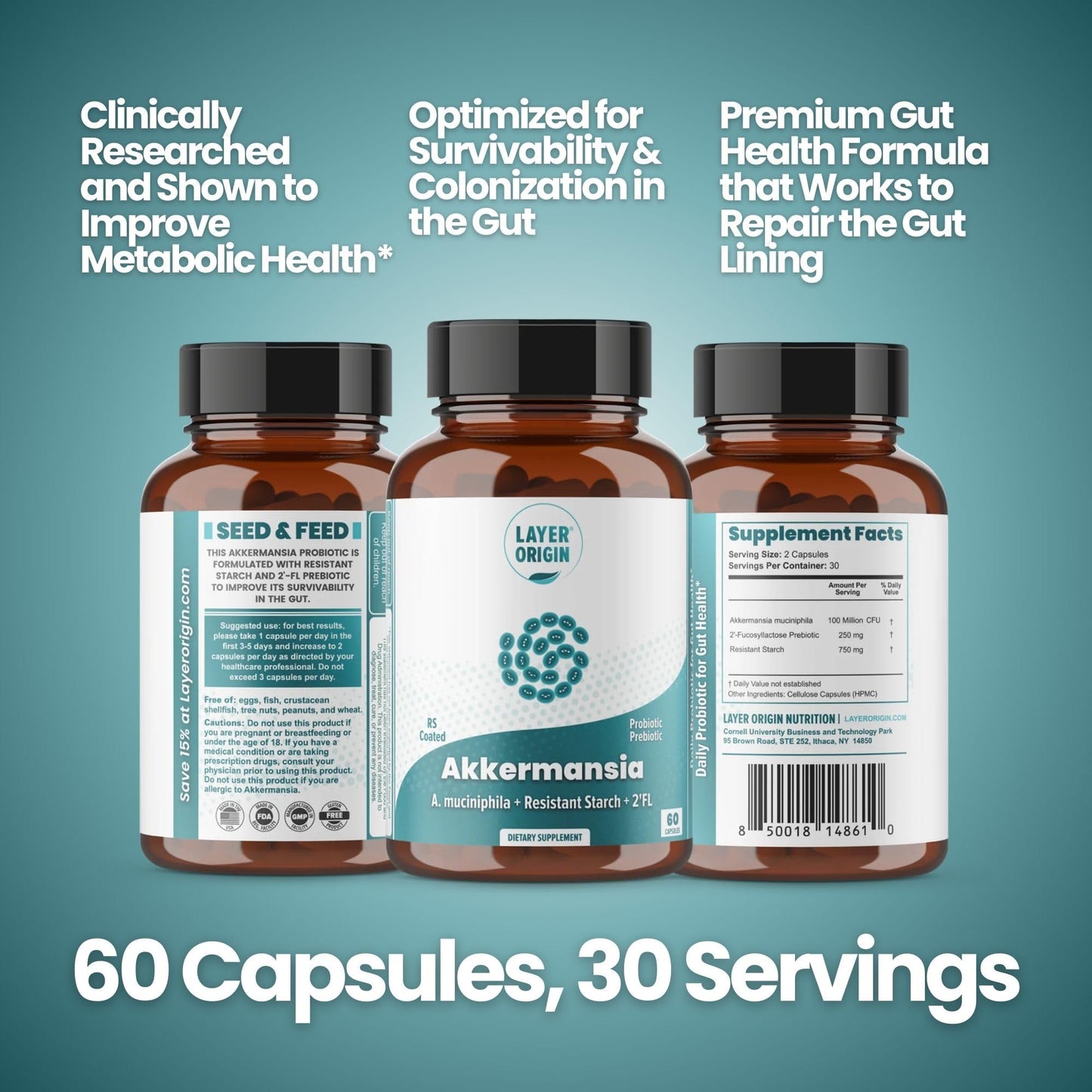 Layer Origin Akkermansia muciniphila Probiotic โ PureHMO Prebiotic, Live Strain, 30-Day