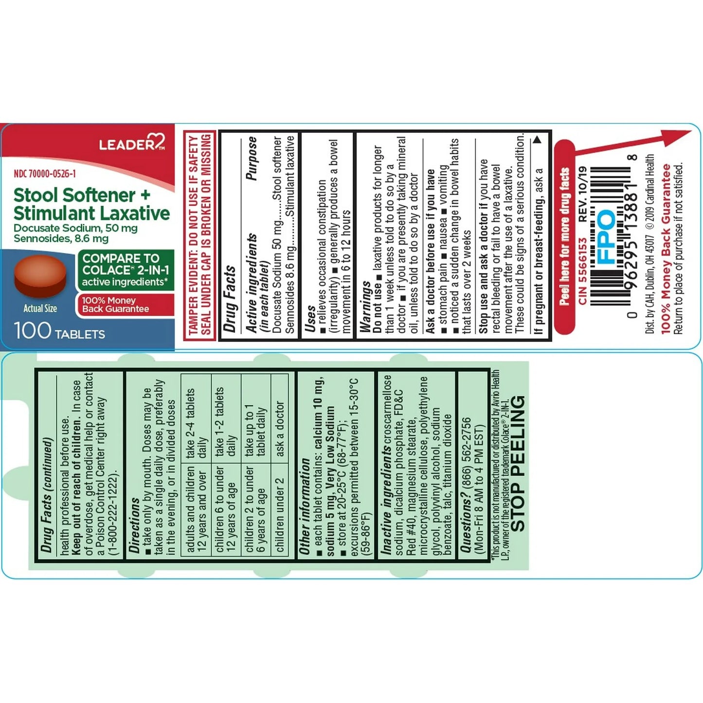 Leader 2-in-1 Stool Softener & Stimulant Laxative β Docusate Sodium 50 mg + Sennosides 8.6 mg β 100 Tablets