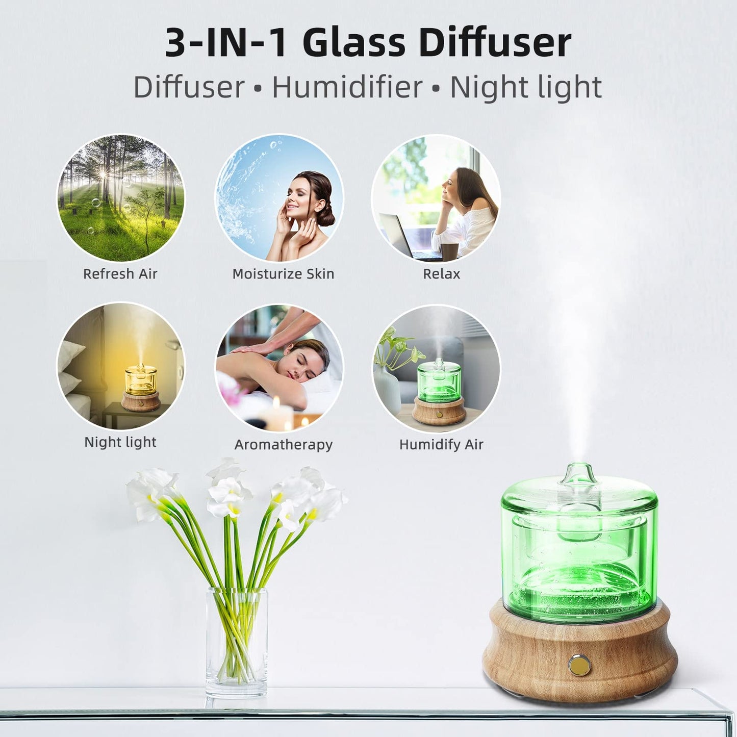 Lecdura Glass Essential Oil Diffuser 80ML โ USB-C, Auto-Off, 7-Color Lights