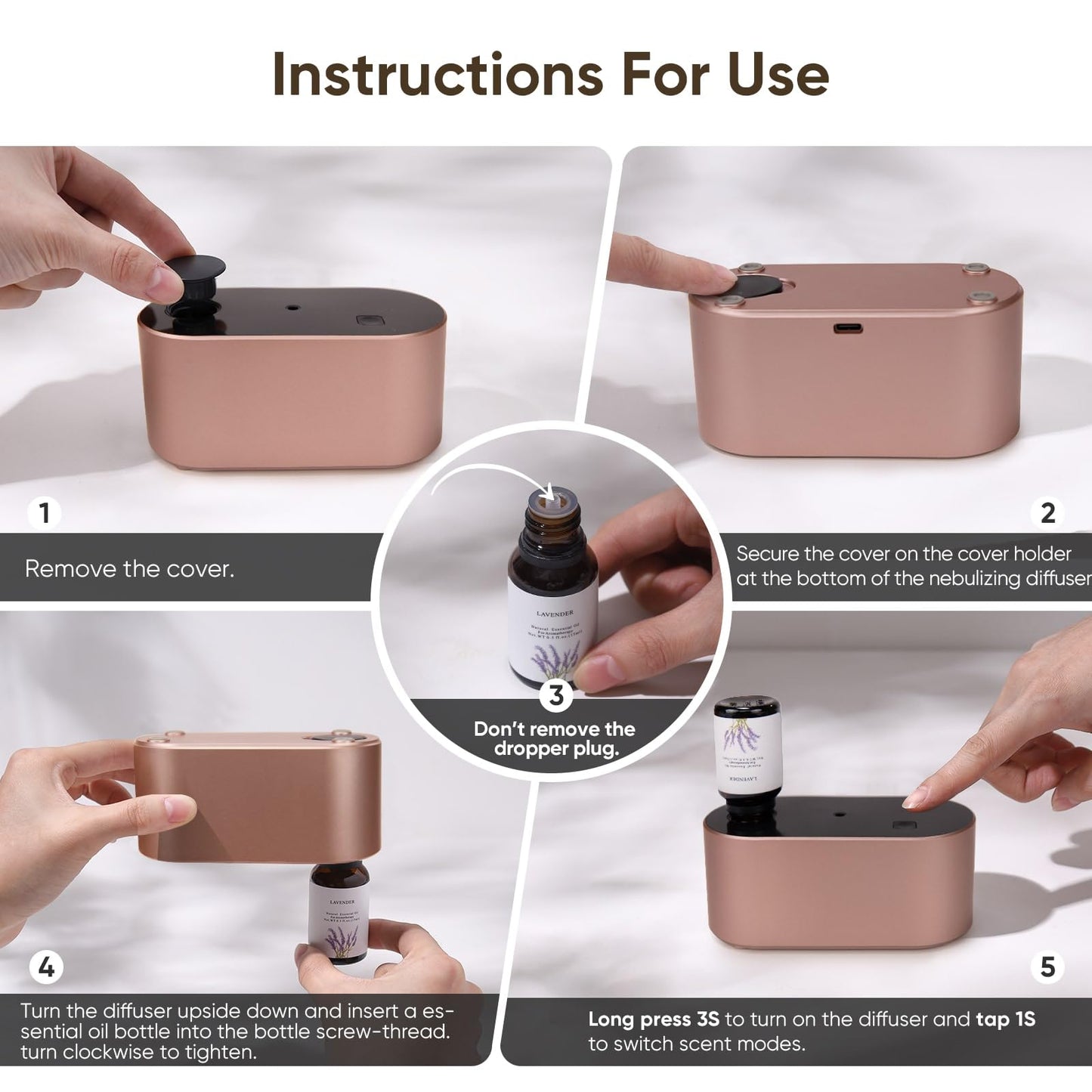 Lecdura Waterless Diffuser Rose Gold โ Battery-Operated, 3 Intermittent Mist Modes