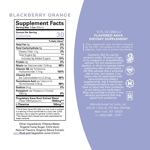 LEILO Kava Powered Sparkling Relaxation Drink โ Blackberry Orange 12-Pack | Non-ALC Calming Beverage | 12 fl oz Cans