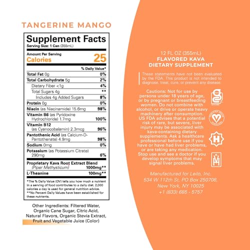 LEILO Tangerine Mango Kava Sparkling Drink โ 12-Pack Non-Alc Calming Beverage