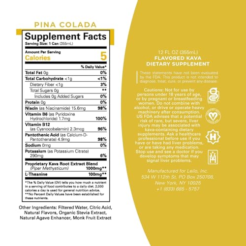 LEILO Kava Powered Pina Colada Mocktail β Sugar-Free, 12-Pack, 10 Cal Per Can, Non-Alcoholic