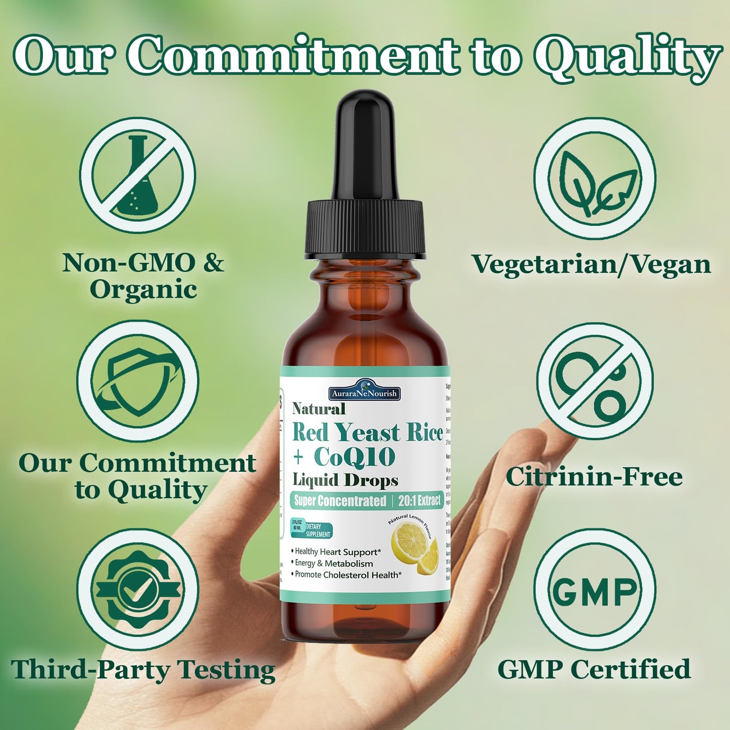 Red Yeast Rice with CoQ10 Liposomal Drops โ 1200mg, 5-in-1 Cholesterol Support