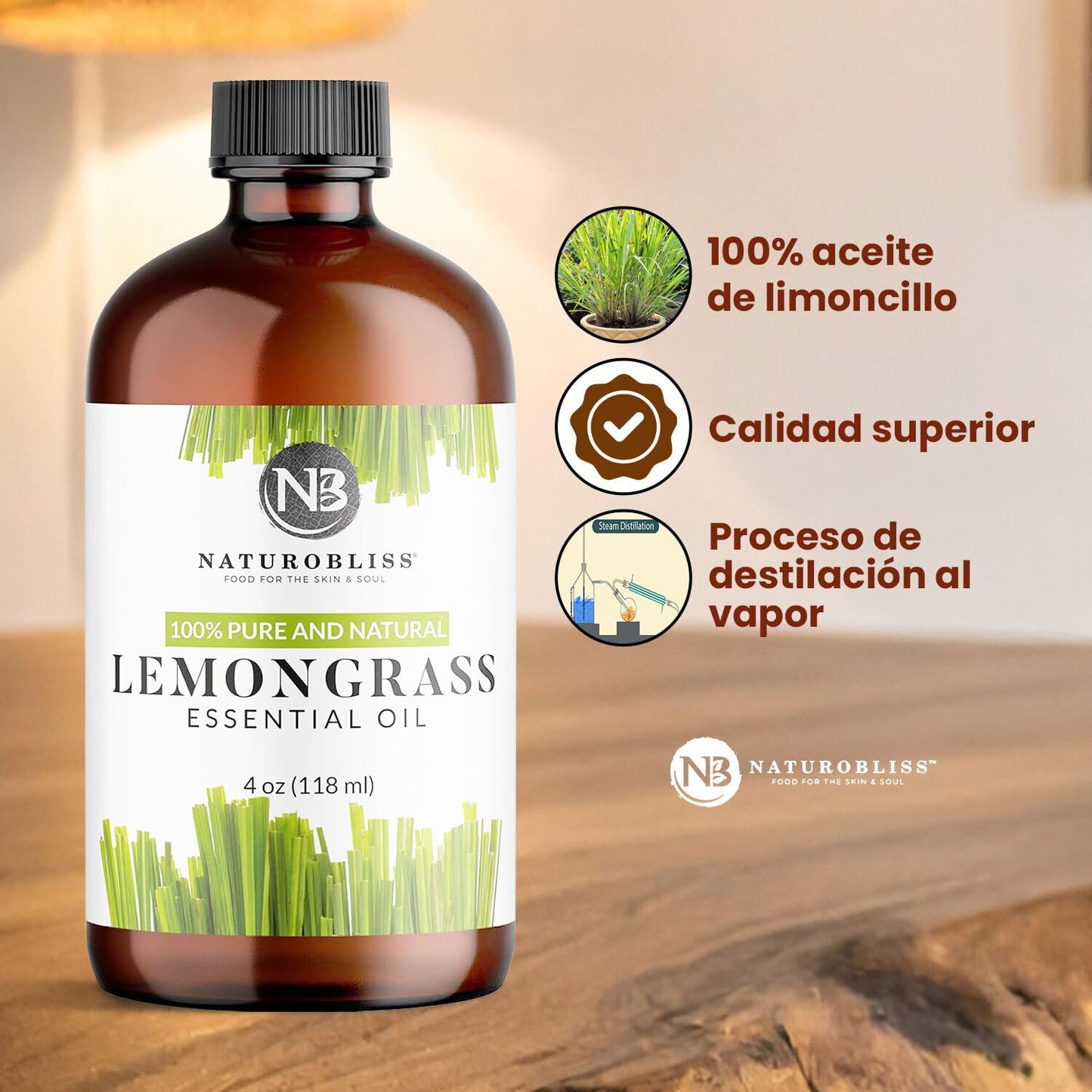 NaturoBliss Lemongrass Essential Oil โ 100% Pure, Therapeutic Grade, 4 fl oz with Glass Dropper